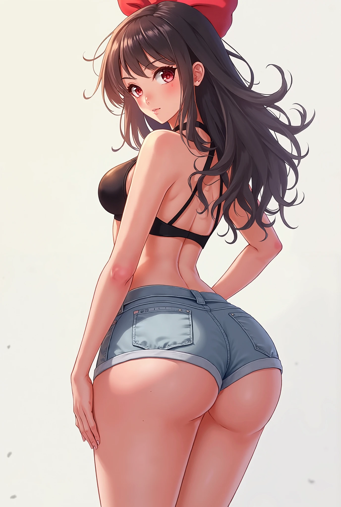 Hu Tao, making sure her legs are full visible. make her huge thighs and make her look like 20 years old, she should be a anime draw, make she showing her ass