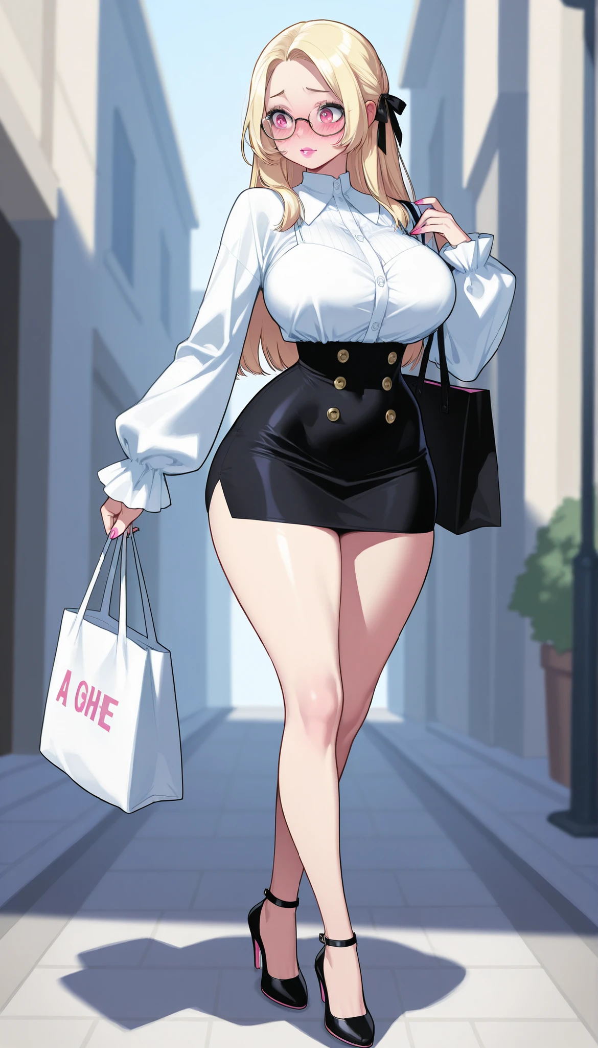 A young-adult beautiful cute woman with long silky pale-blonde hair, big pink eyes, pink lips, pink nails, extremely fair white natural skin, an extremely small waist, slightly wide round hips, slightly big breasts, and an insanely perfect hourglass figure. She's only wearing a mid-riff revealing white top with spaghetti straps and full sleeves, spectacles, a hair ribbon on the side, a separate black mini skirt with buttons, and strappy high-heels. She's walking, blushing expression, hands joined together in front of her skirt, a tote bag over her shoulder, and on a street. Show her full body and super hyper-detailed.