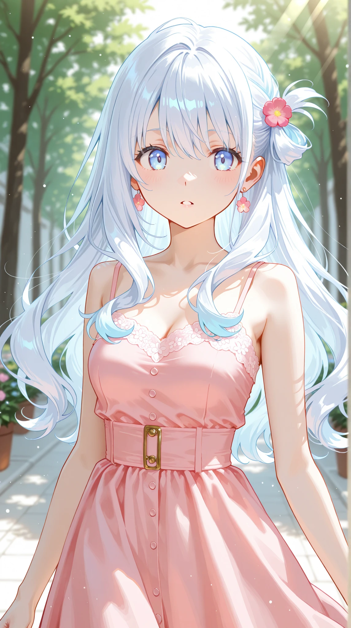 (leaning over:1.4), (masterpiece:1.2, best quality), (real picture, intricate details), 1girl, solo, absurdres, cowboy shot, standing, outdoors, :3, smile, bear girl, bear ears, ((white dress)), white thighhighs, platinum blonde hair, gray blue eyes, long hair, strawberry necklace, smile, open mouth, one fang, large breasts, cleavage, ((light pink cardigan)), sleeves past wrists, open cardigan, arms behind back,