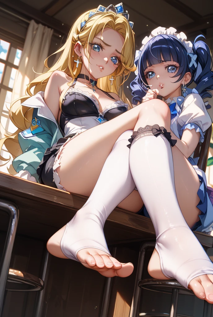 masterpiece, best quality, 1girls, sit on sofa, sun light, lobby, window, flower, (Washitsu background),uncensored, vaginalsex, (cowgirl position:1.1), twintails, blonde hair, very long hair, blue dress, pleated skirt, small breasts, knee high stockings, wear half ribbon panties on leg, fang, full bodys, spread_legs,