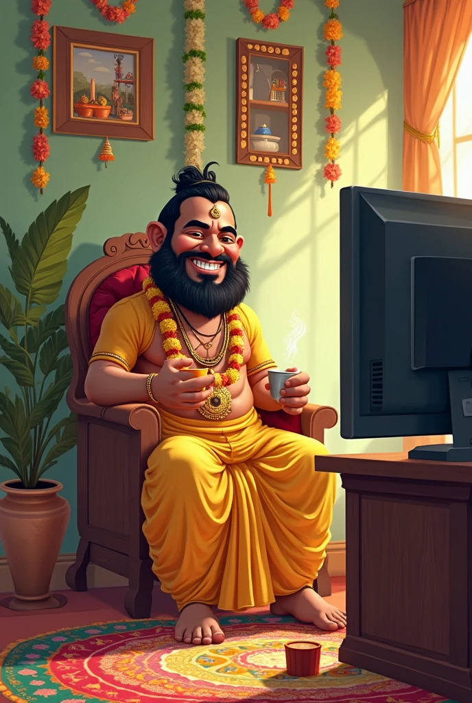 Maveli with a happy face and holding a computer in cartoon form