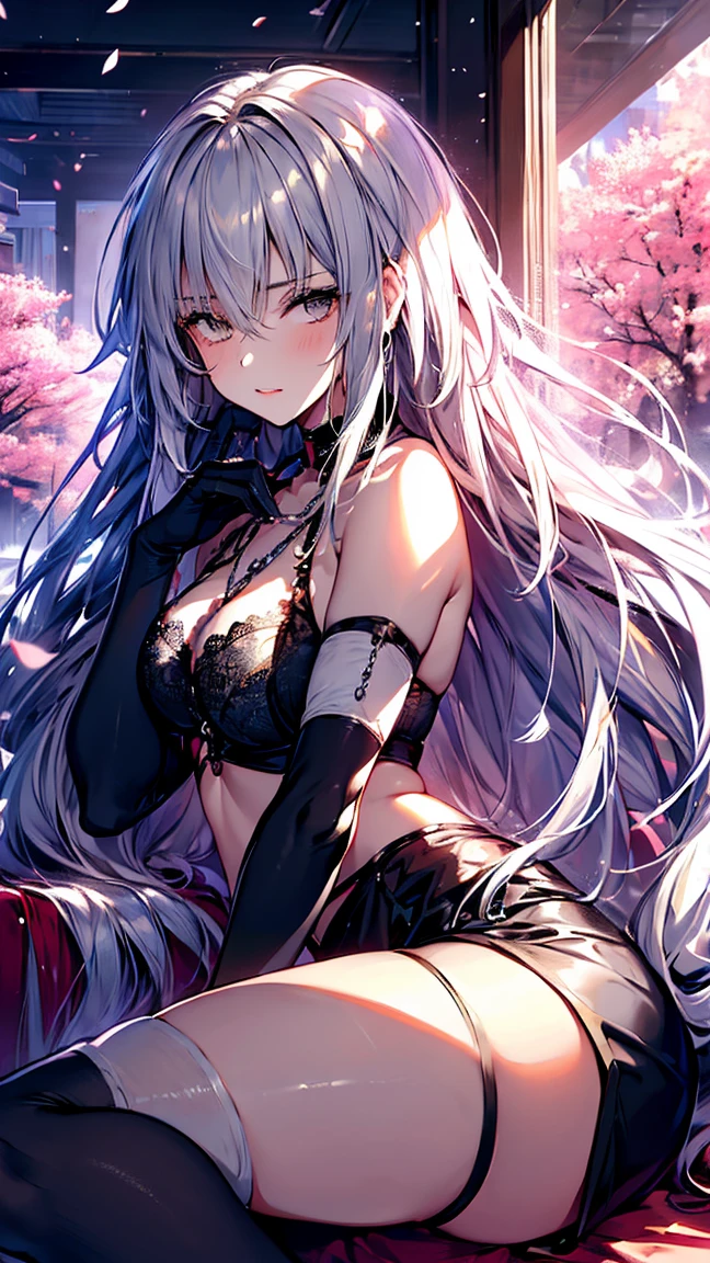 (masterpiece ,Best Quality,Insanely detailed),Beautiful 8K CG artwork,1 absolutely beautiful woman,solo,morgan le fay (fate),detailed face, perfect face, perfect eyes,detailed and beautiful eyes,Twinkle Eyes,blue eyes,Long Hair, pony tail,Very long hair, big boob, black bow,Hair Bow, thighs,side locks, French braid, grey hair,Goddess-like posture,Kneeling exercise,Slim and soft,Translucent skin,big breasts,perfect figure,Glossy lips, Perfect Anatomy , Perfect five fingers,Attractive,amazing, Super Fine Age,dangerous beast,