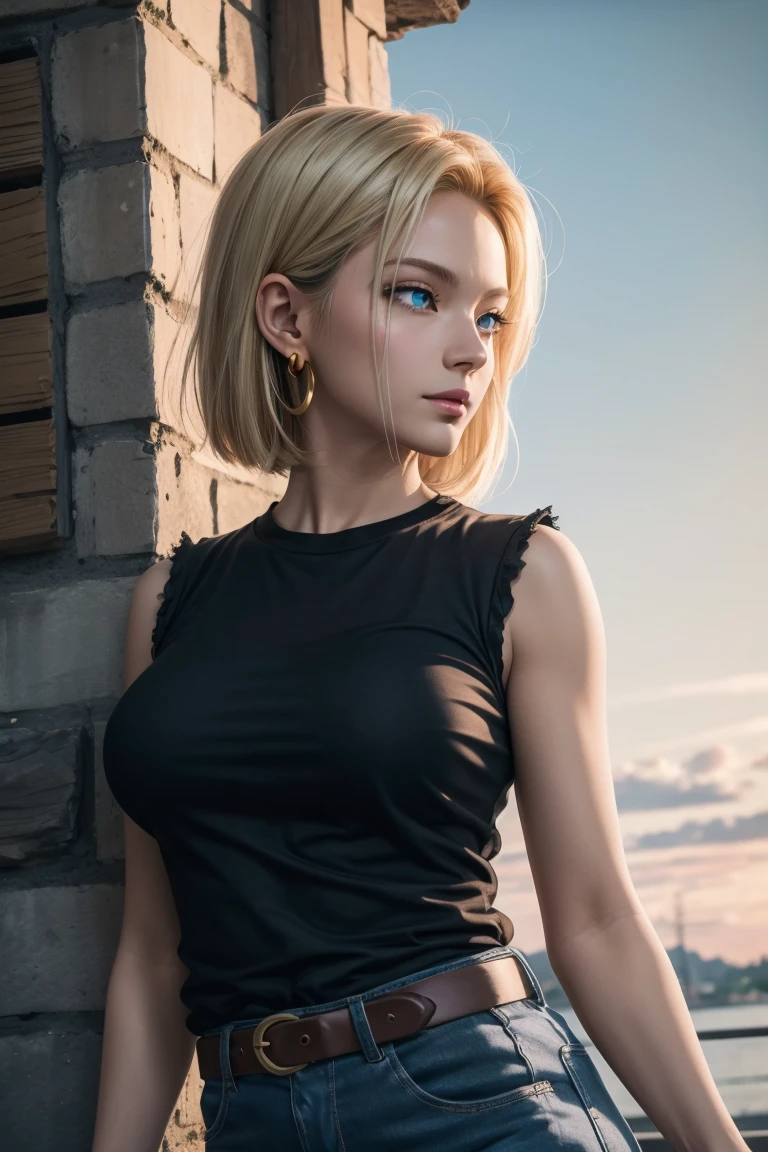 best quality, highres, and18, 1girl, android 18, solo, blonde hair, blue eyes, short hair, earrings, jewelry, denim vest, open vest, black pantyhose, black shirt, denim skirt, striped long sleeves, blue skirt, medium breasts, cowboy shot, street, (Externally expanded Chest:1.2), (Strapless:1.2), off-the-shoulder, bent over, forest