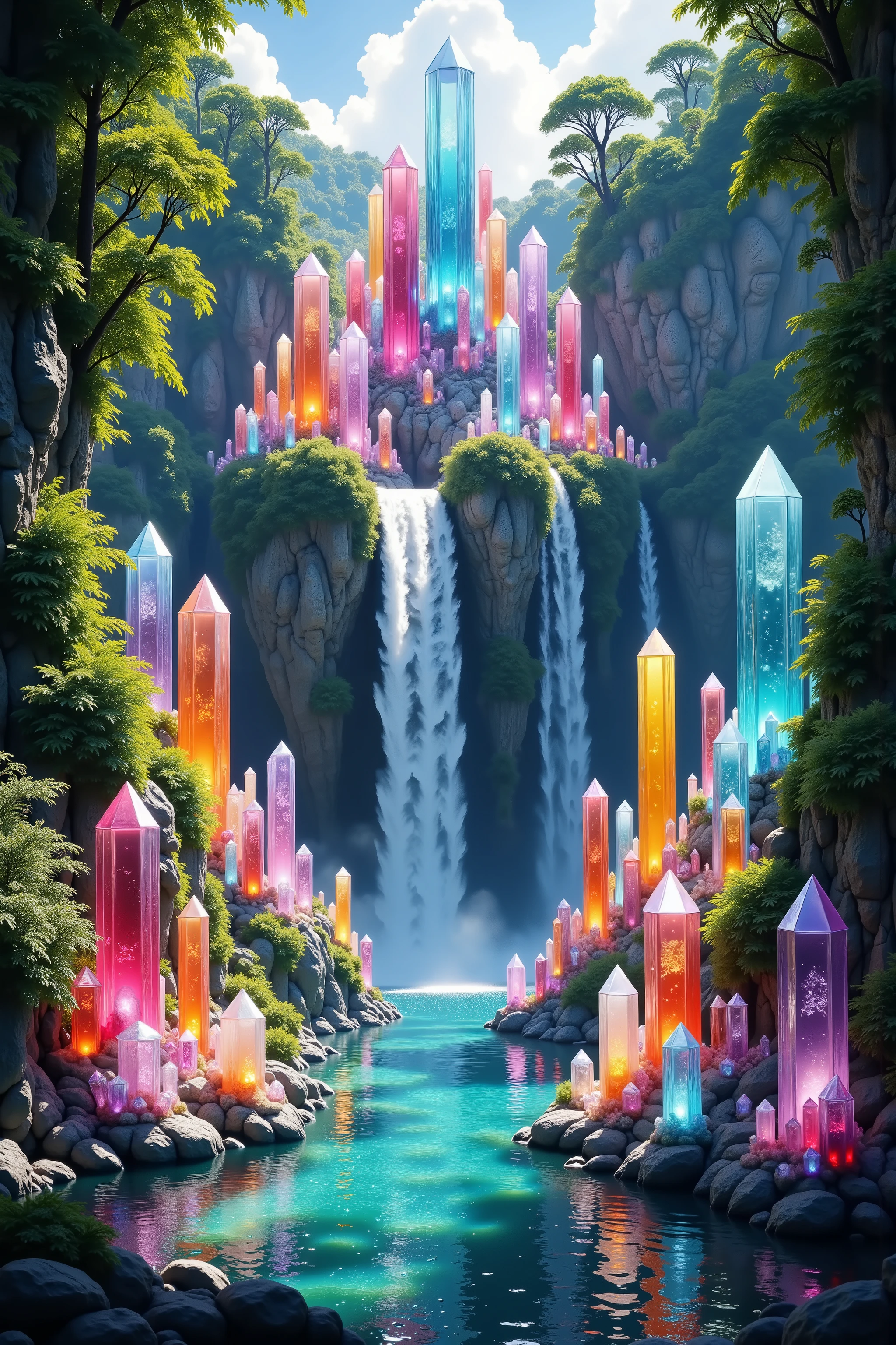 A cliff that is 300 feet tall made up of gigantic and translucent quartz crystal points that are multicolored pillars in a tropical rainforest. In the middle of these skyscraper sized quartz crystals is an incredible gushing, cascading waterfall that pours into a beautiful lagoon that is lined with hundreds more quartz crystals 20 to 40 feet tall. In hues of Pink, Red, Orange, Yellow, Green, Blue, and purple, there are hundreds of them and they must be partially translucent, partially see through just like real crystals can be and radiate color in the bright full sunlight of the day. Insert hundrexs more crystals in the lagoon! Breathtakingly Beautiful, Stunning, Awe Inspiring, An Awesome Site! Ultra-realistic, 8K Octane, Action Painting, Artistic, Cinematic, Cinematography, Conceptual Art, Digital Art, Fujicolor, Super Saturated Colors, Hyperdetailed, Hyperrealism, Photorealistic,Portrait Photography, Surrealism, Unreal Engine, Sparkle, Depth Of Field, Cinematic Lighting, Glowing Light, Reflection Light, Ray Tracing, God Rays, Perspective, Ultra-Wide Angle, UHD, Super Detailed, Best Quality, Detail, Award Winning, Masterpiece