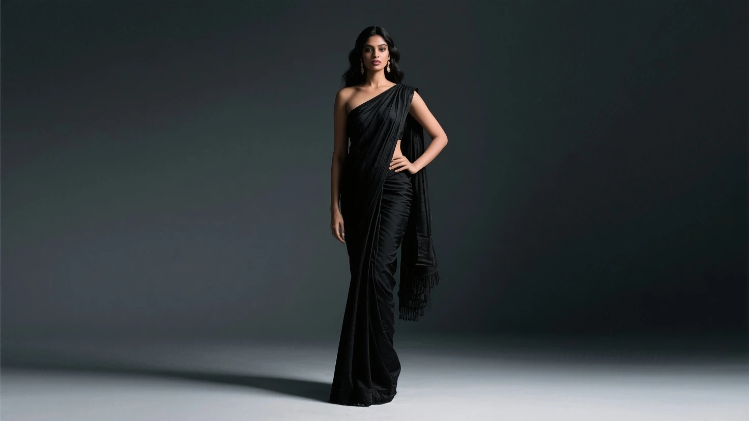 Keylie jenner in black saree, cloud, ultra realistic, no sun light, no lose hair, pinned hair, raw photo, realistic skin, realistic texture, dark toned picture, white skin, british skin tone, ultra detailed, 4k, 8k, 16k,night,ground,cloud