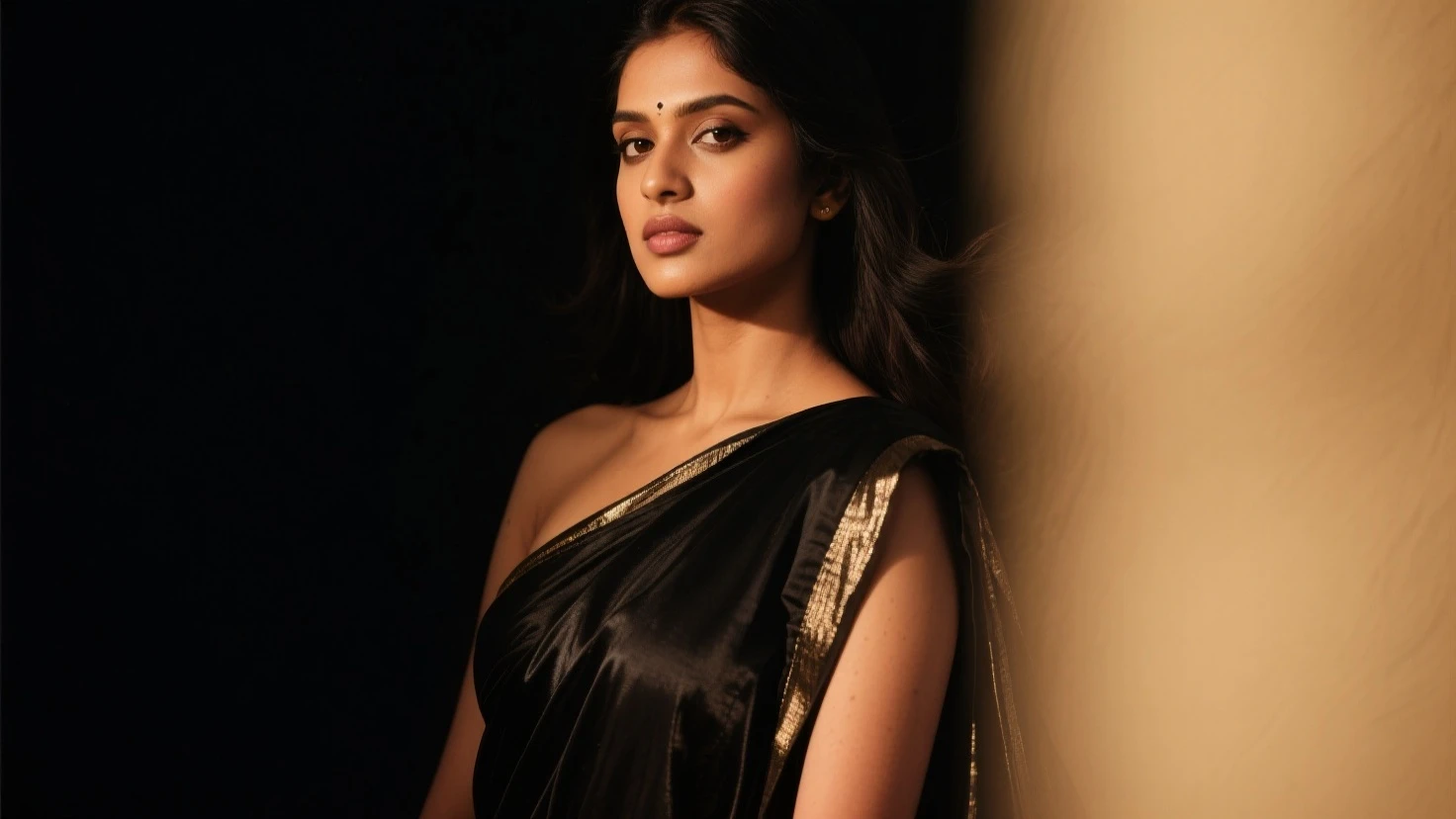ultra-realistic photographs,Indian Instagram female model wearing a beautiful black golden saree ,mid 20s,9:16,mid-shot,beautiful detailed eyes,detailed lips,longeyelashes,brown hair style, naturally full eyebrows,perfectly formed nose,expressive face,attractive appearance,confident and elegant posture,graceful movement,vibrant and track dress, trackfield background, serene atmosphere,stunning architecture,soft and natural lighting,vivid colors,photorealistic,HDR,highres,studio lighting,ultra-detailed,bokeh,fully covered clothes