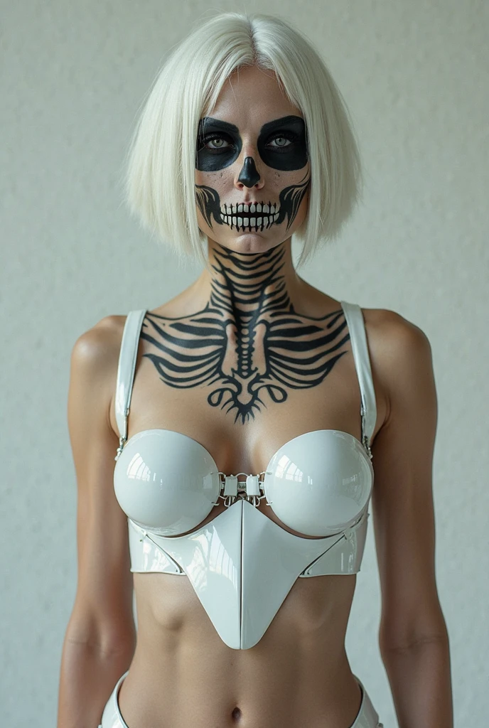 A skeleton girl, with pink eyes, hair intakes, (blue hair:pink hair)combed back. ahoge face expression.
((Dressed in a skeleton with bones-print outfit design, a Graphic-sleeves t-shirt(with skeleton print design, Black with White Ribcage Skeleton Design with Black Trim, and accents her large breasts)), short-shorts, belt-collar, pill earrings, she is holding a plastic-bag(surrounded by a lush plants)
((Intricate real-sized skeleton ribcage design, real skeleton skull and bones))
Scenario: The ritual chamber is dimly lit, adorned with ancient tapestries and sacrificial altars. The walls are lined with shelves and skulls
- Backlightingcasting eerie shadows and adding to the occult ambiance of the scene.