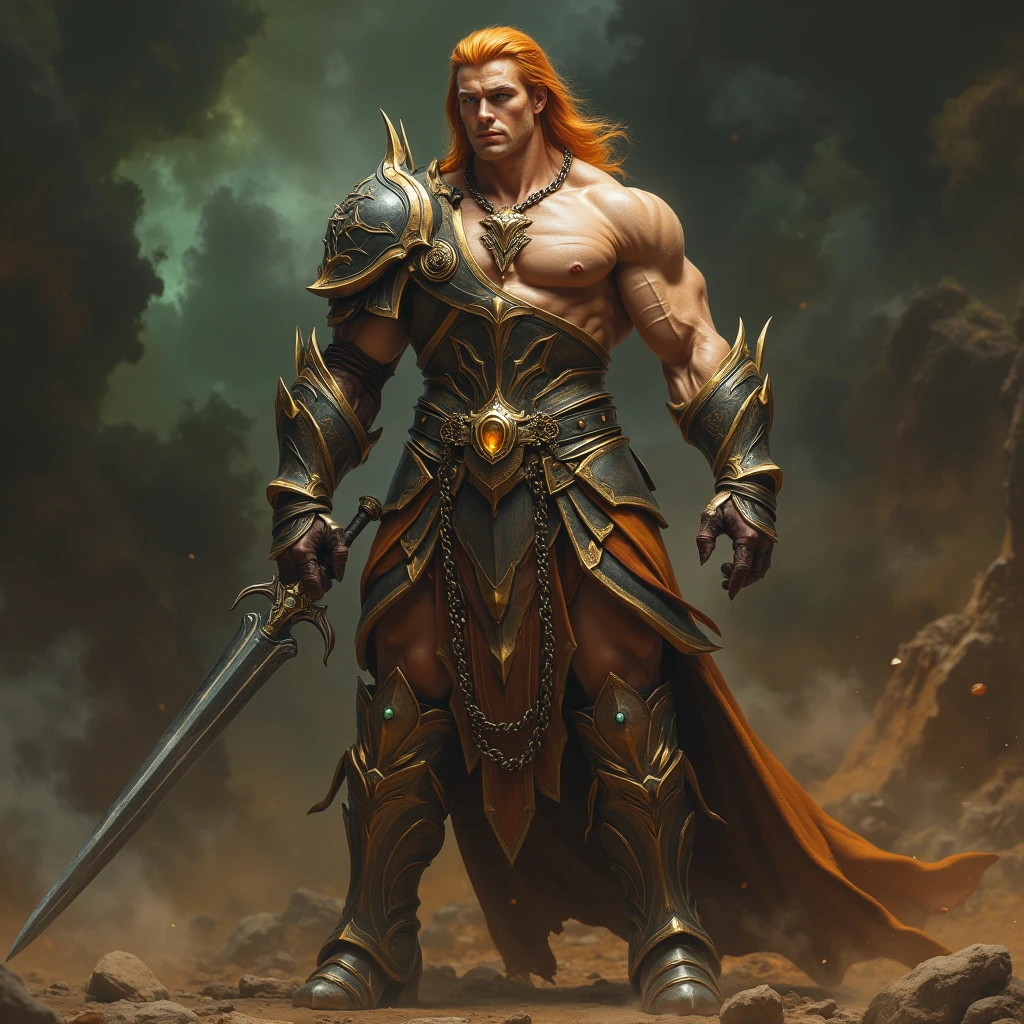 Gold armor, berserker potrait, male barbarian, fantasy art, From his look alone enemies starting to panic, one head,devilish smile, Hell beast, demon, white-fire Sky, warrior, with scythe and shield, beutiful, men, Werelion, long braided red Hair, glowing gold eyes, realisitic, highly detailed, Unreal Engine, 8k-upscale