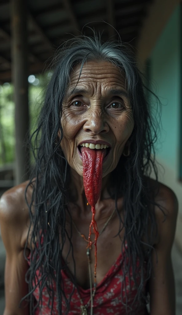 A beautiful naked Indonesian sixpack girl with hairy armpits crying while crucified