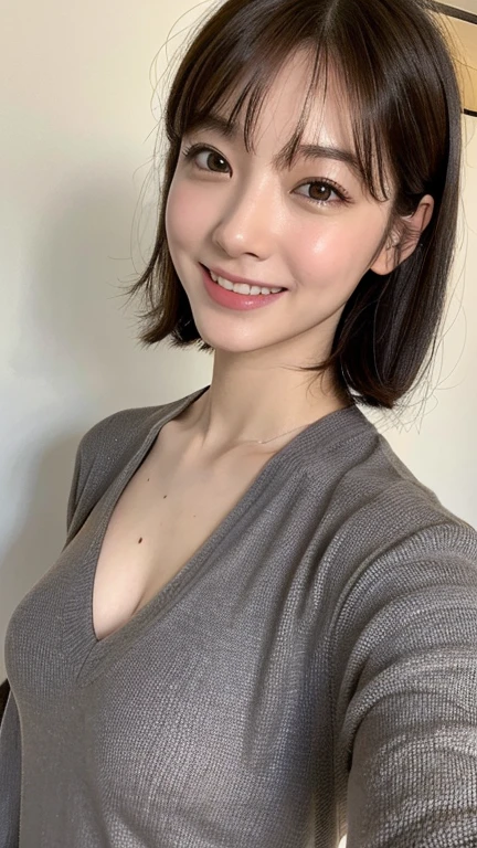 (top-quality、8k、32k、masterpiece、UHD:1.2)、Photo of young Japan woman、short-cut、bobhair、Look upwards、I'm wearing knitwear、large full breasts、cute smile face、A sexy、Double eyes、big eye