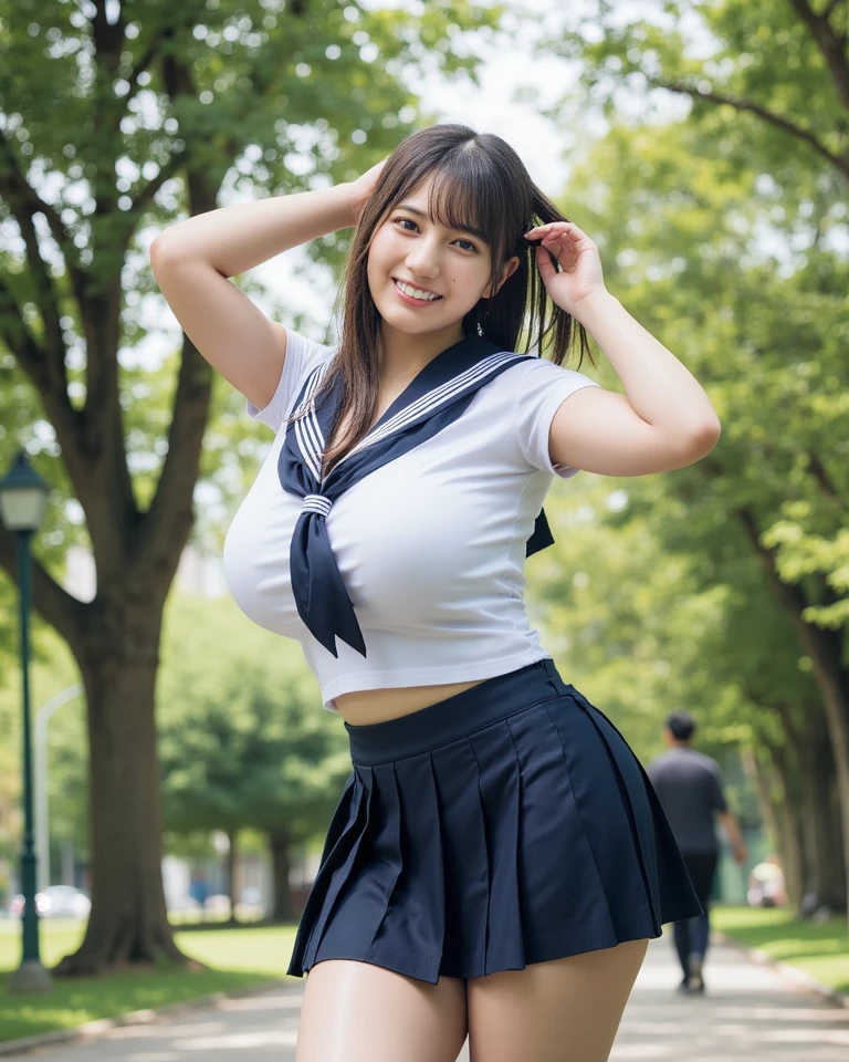 high school girl、Knees raised and legs wide apart、Showing off your crotch、sit in the park、Navy blue uniform、A big red ribbon on the chest、mini skirt、No underwear、No bra、Long black hair、ponytail、Big Breasts、Embarrassed expression、Droopy eyes、White knee-high socks、Plump Cheeks、Pink pointed nipples、Swollen clitoris、Masturbation、highest quality、Squirting、Climax、Ahegao