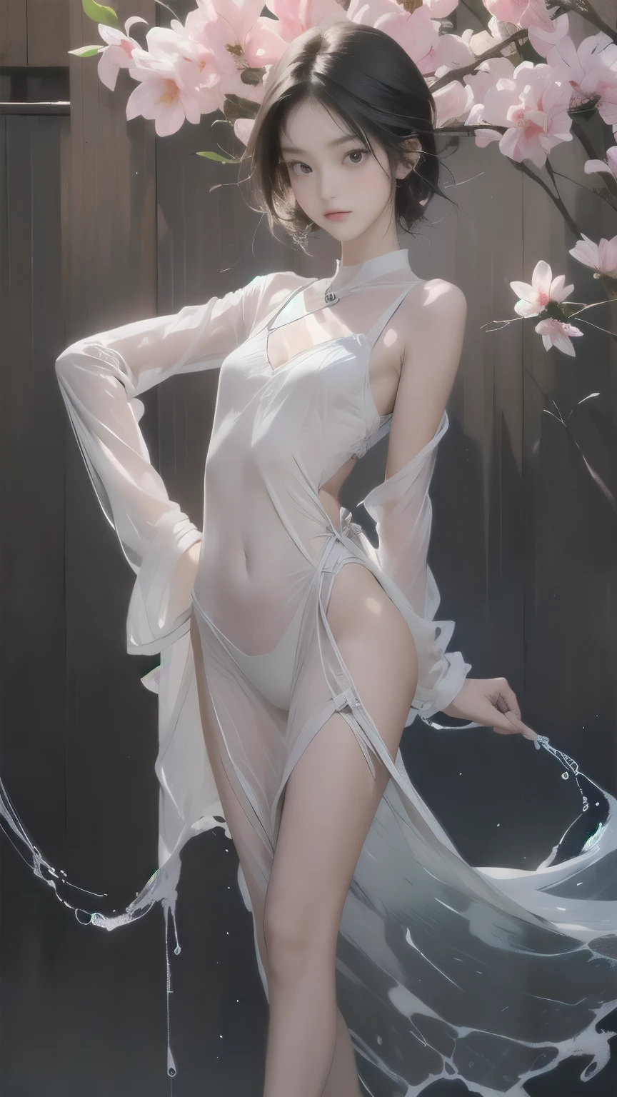 8K ultra hd, masterpiece, a girl, beautiful face, detailed eyes, detailed lip, very long hai, robe dress,short sexy robe dress, high light, sunny weather, blur effect, whole body capture,