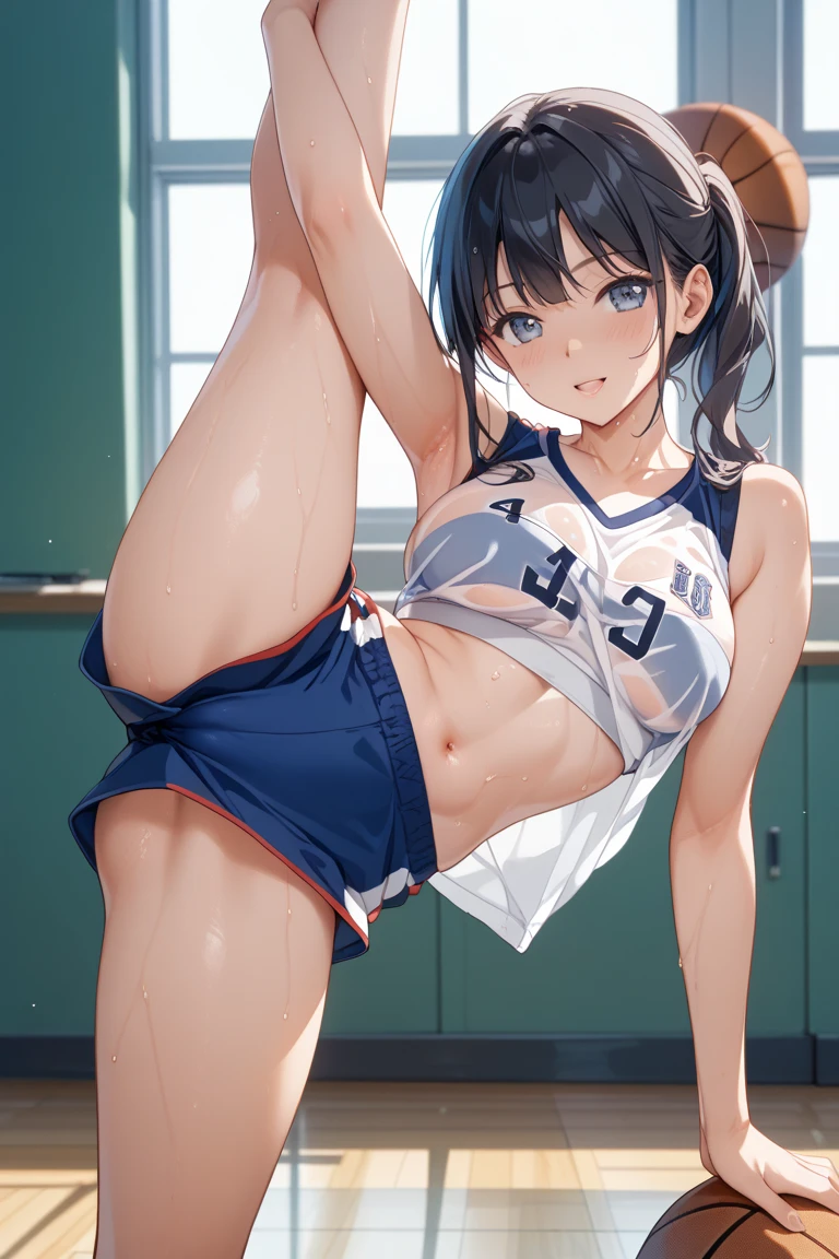 (super flat, flat shading, flat color:1.1)、An illustration、(One Asian boyish girl)、(cute:1.2)、very beautiful 20 year old girl cartoon、wonderful smile、cheeks are red、(high detail skin: 1.2)、Photorealistic anime female rendering、Realistic anime 3d style、cuteボブカット、beautiful brown hair、intense black eyes、strong eye highlights、(detailed、Medium chest)、perfect anatomy、hair is dirty、old style sportswear、((Sportswear that shows through with sweat))、white tight sleeveless shirt、((wet state))、thighs open、head tilt、Are standing、cowboy shot、arm to the side、((from behind、hind legs、heart cutout、hip incision))、volume lighting、soft light、bright、neon、Bright colors、watercolor painting,navel,(((Only the lower body is naked))),(((Pussy)))