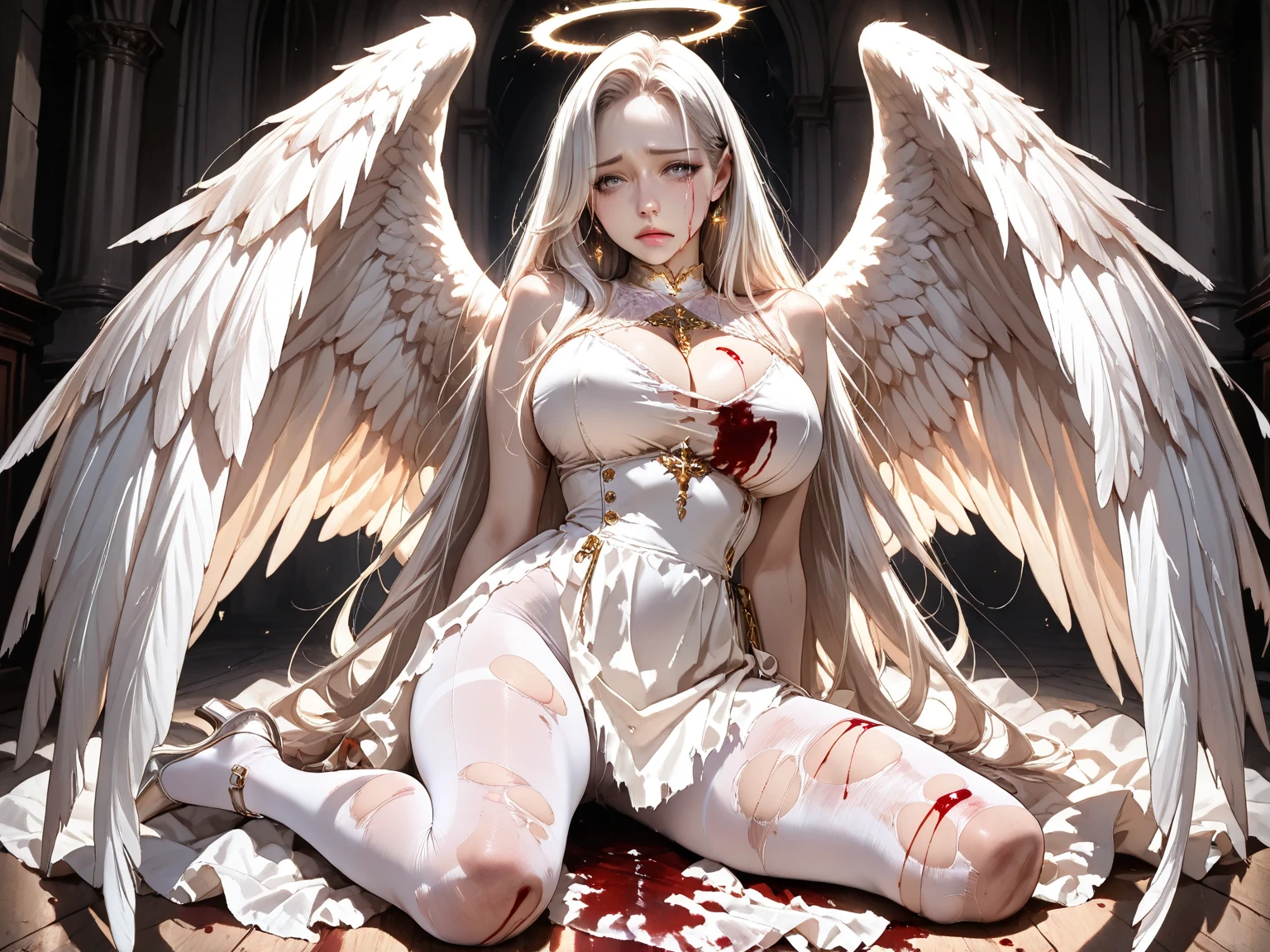 ((best quality)),((perfect face)),1 girl,angel,((angel huge wings)),halo on her head,long white hair,pale amber eyes,long white eyelashes,pale skin,full pink lips, ((torn white dress)),(golden accessories),white heels,((torn white tights)),((chains)),restrictive chains,((blood)),(blood on clothes),blood on the floor,blood on skin,((body wounds)),big breasts,small waist,