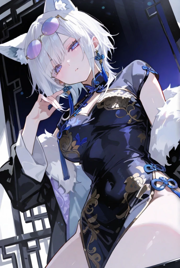 masterpiece, best quality, TopazV4, 1girl, solo, looking at viewer, open mouth, simple background, hair ornament, gloves, white background, animal ears, bare shoulders, sitting, tail, heart, black gloves, cat ears, cat tail, cat girl, <lora:TopazV4-10:1>