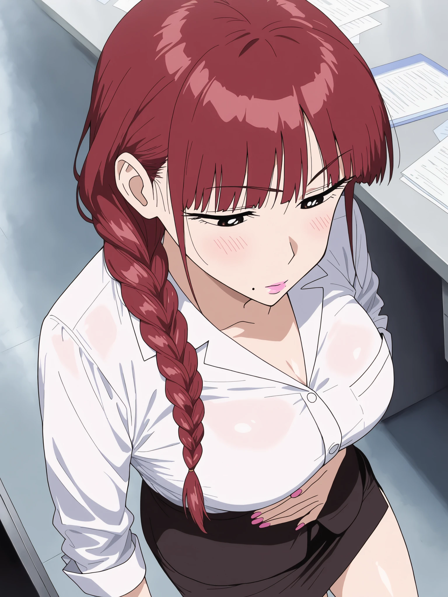  1 BOY,  shiny skin,輝く肌,8k,Lanomega  , red Hair, long braid only, medium breasts, black skirt, white shirt, pink nails, pink lip, pink panty, break
standing, bent side slits,  hand on own stomach, office, looking at backside , mole under mouth,  break
explicit  , Masterpiece,  top quality,  very aesthetic,   is ridiculous, anime screenshot