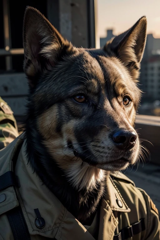 Face of a jackal or a dog, negro, with army uniform, protecting your city and your friends from potential enemies. at dusk