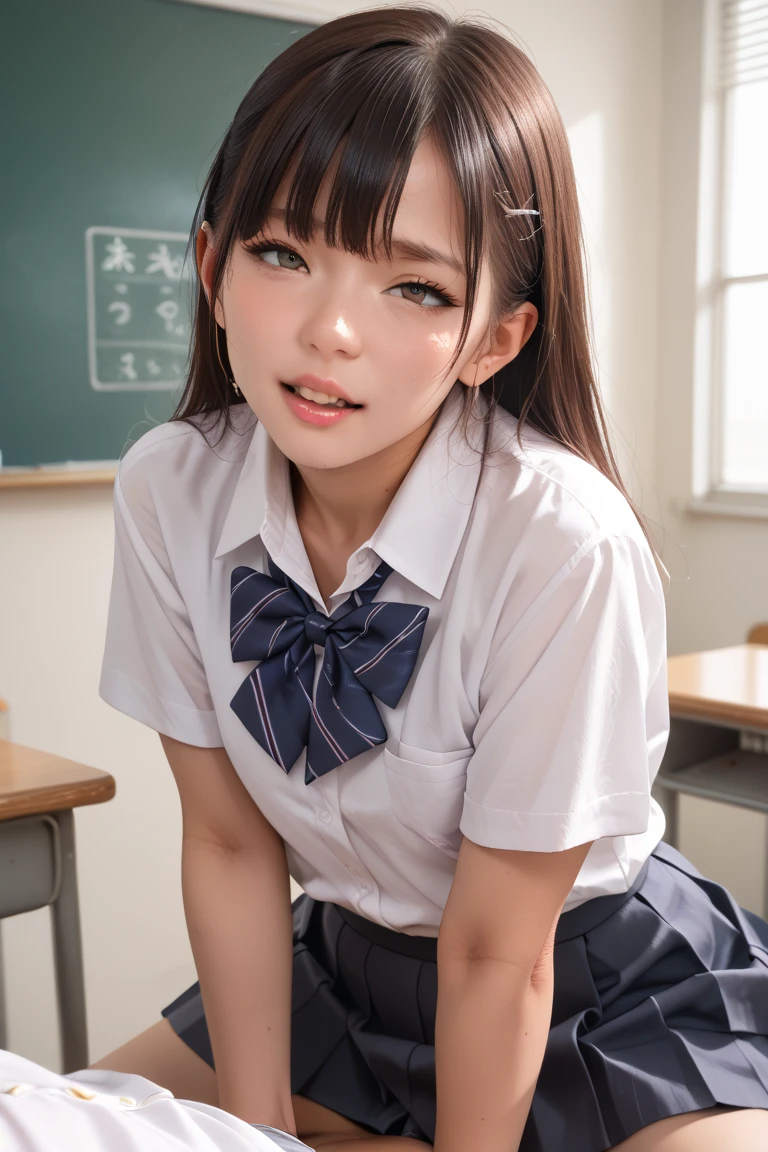 (((Shooting from directly below the front))), top-quality, masterpiece, Beautiful schoolgirl, Highly detailed face and skin texture, Detailed eyes, she is sitting on the bed with her legs apart, high school girls uniform, White blouses, Pleated skirt in black color, plump big bust, Long bun hair, Multicolor Hair, Beautiful hair, watching at viewers, embarrassed red face, I can see the white see-through panties,