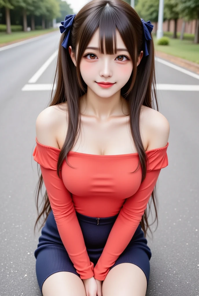 (highest quality,masterpiece:1.3,Ultra-high resolution),(Very detailed、Caustics) (Realistic:1.4, RAW shooting、)Ultra-Realistic Capture、Very detailed、Natural skin texture、masterpiece、(Red shirt and black shorts、Japanese woman wearing fishnet tights and panties:1.3), Adorable expression、Expressions of happiness、14 years old、height: 160cm、Young Face、Amazingly cute、Twin tails、Straight hair、Scrunchie、Black Hair、light makeup、necklace、H-cup busty、Shining thighs、Skin Arm、Background details、smile、An inviting gaze、Anatomically correct、Cowboy Shot、Attention to detail、Photographed on the main street of a summer resort、Empty Hands、No underwear、