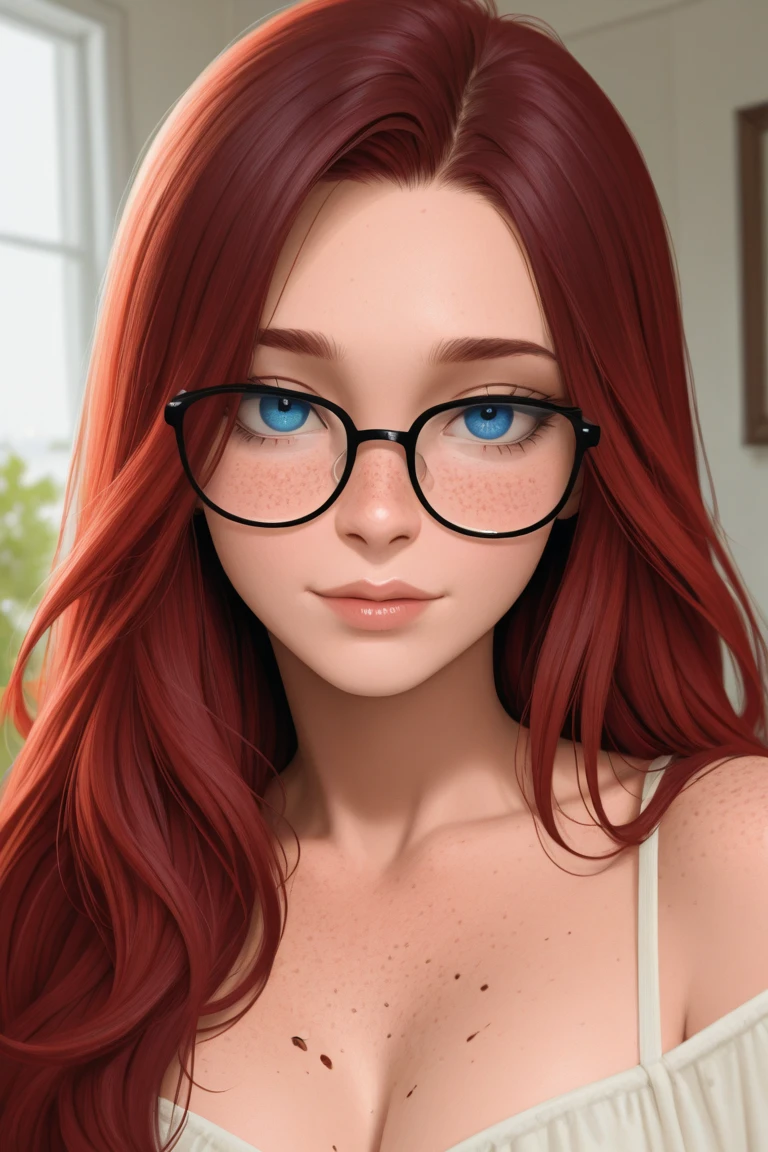 beautiful and sexy girl, very dark red hair, face freckles, round glasses with perfect circles. --auto --s2