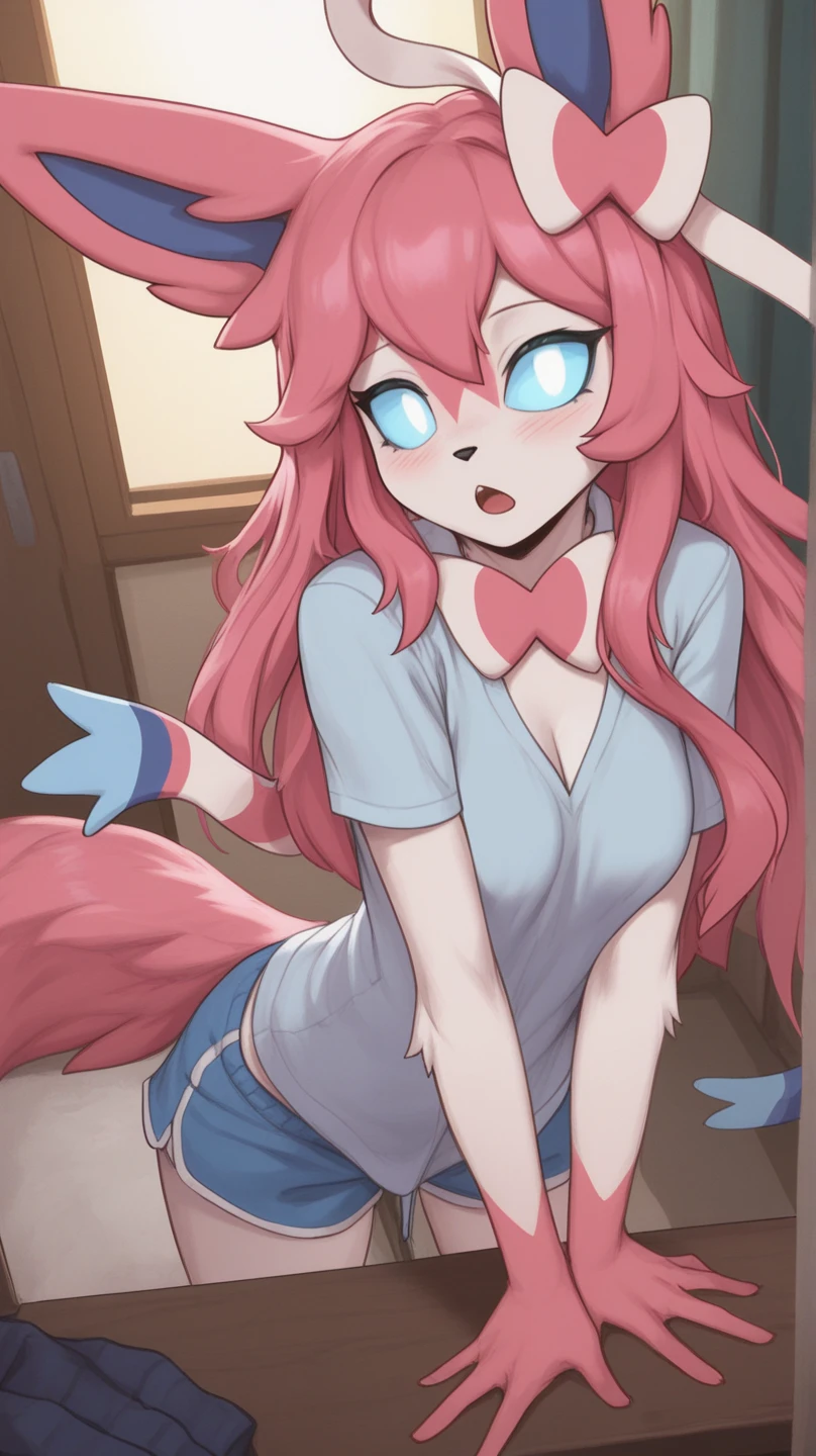 Furry girl, young, dog, cute hair, long ponytail, blonde hair, stars hairpin, red eyes, small breasts, detailed body fur, ((small pink jacket, open clothes, white frilly bikini, white frilly skirt)), masterpiece, looking at you, two tone body fur, turquoise body fur, clear turquoise body fur, detailed face, big eyebrows, detailed eyes, detailed body, music studio, detailed hands, glistering body, shiny body, skinny, :3, floppy dog ears, full body, feets whit three toes,