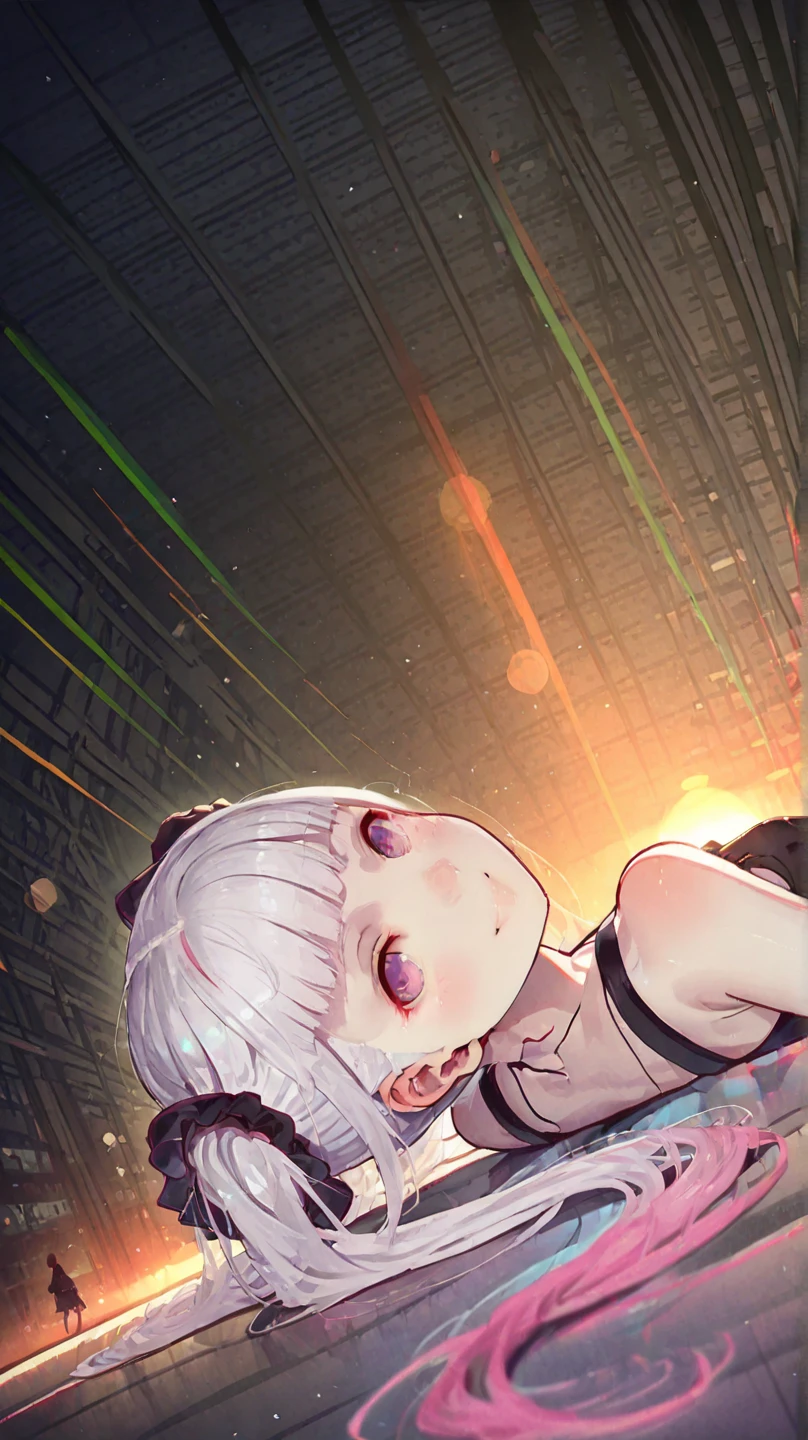 (Translucent liquid skin:1.6), No humans, punk outfit, purple hair, partial fused exoskeleton, Beautiful eyes with fine symmetry, (Intricate details:1.4), (Highly detailed face and eyes:1.2), slim figure, posing sitting for a photo, , destroyed city, urban combat, anime, fantasy, detailed background, 2D, (Highly detailed), (high resolution), (Best quality), (masterpiece)