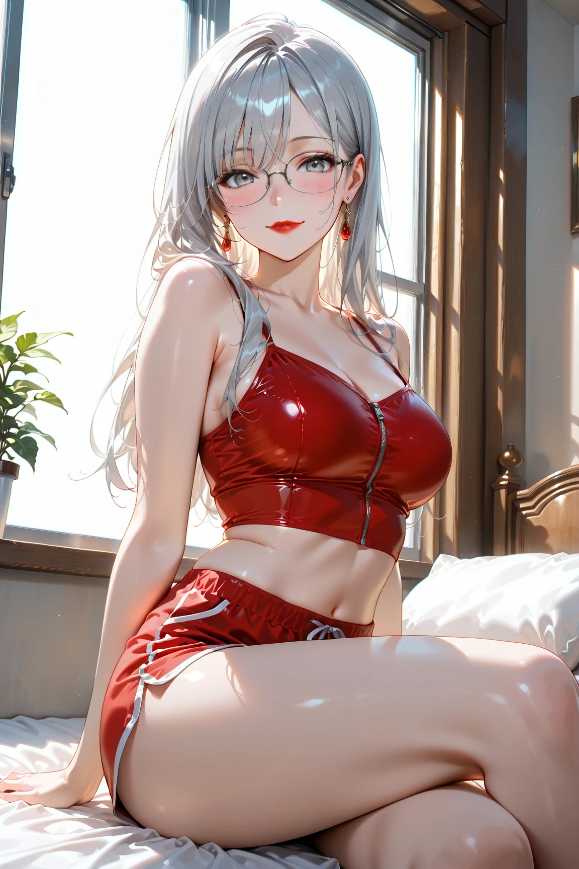 Perfect human body, Beautiful Face, Beautiful long silver hair, Brown Skin, Red Glasses, Satin tank top, Red leather hot pants, White thigh-high boots, Provocative facial expression, Heart Earrings,
