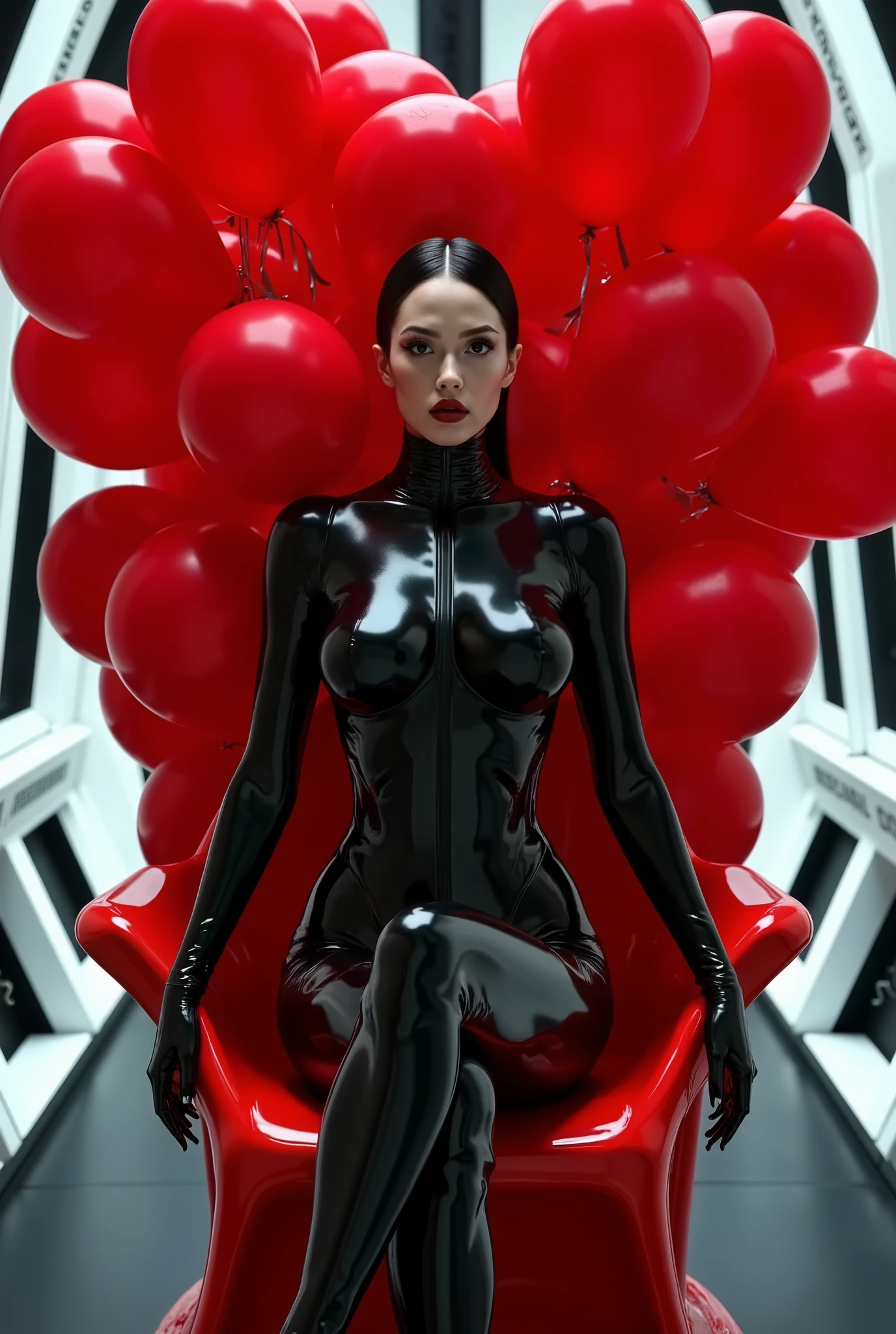 araffe woman in latex sitting on a chair with red balloons, killstar, arca album cover, futuristic glossy latex suit, anya taylor - joy vampire queen, altered carbon style, cyberpunk glossy latex suit, chris cunningham, latex outfits, film still of kim kardashian, sitting in a plastic throne, gothic horror vibes, steven klein, latex, love death and robots