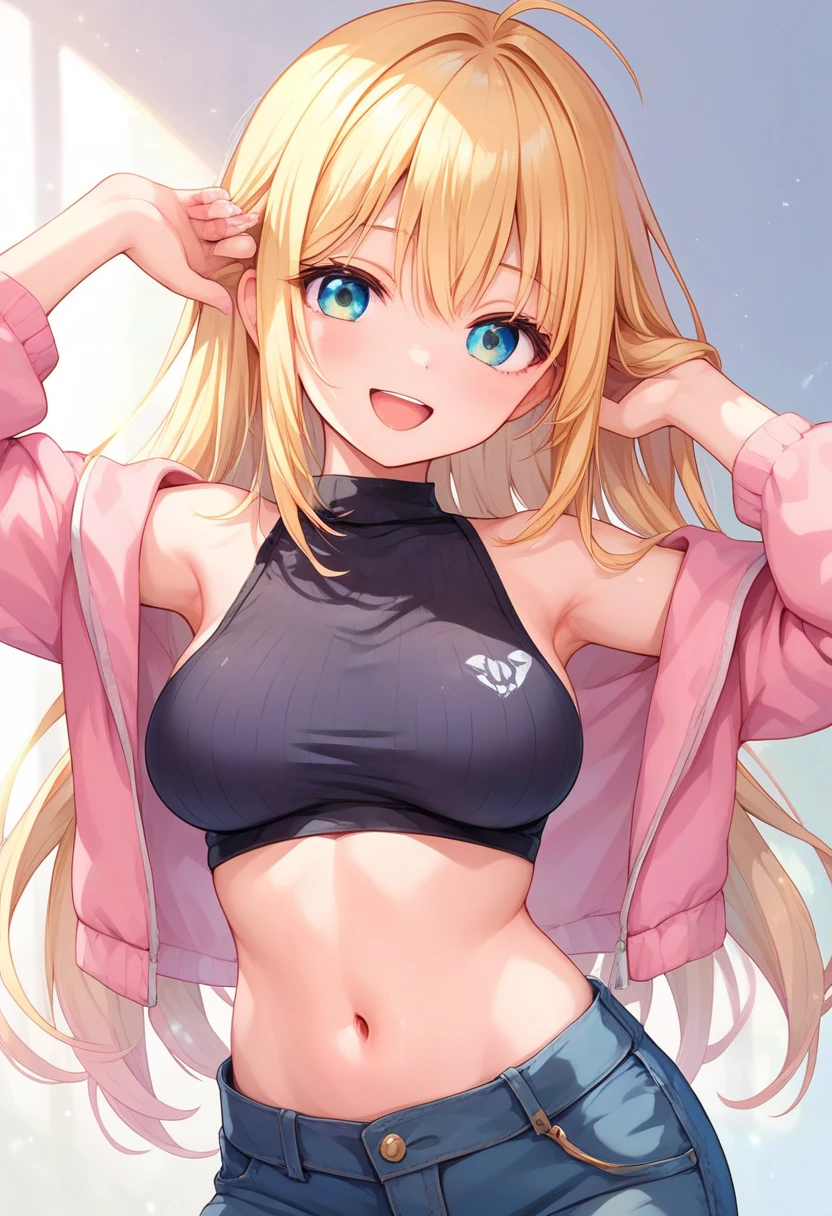 realistic image, coherent image, detailed image, 1 beautiful elf, She has long, straight and silky blonde hair, long eyelashes. Ruby eyes. Her face is oval and delicate, smiling. She is wearing a T-shirt showing her navel, ripped shorts, and sneakers. She has a curvy body, medium breasts, thick thighs, volumetric lighting, natural lighting,