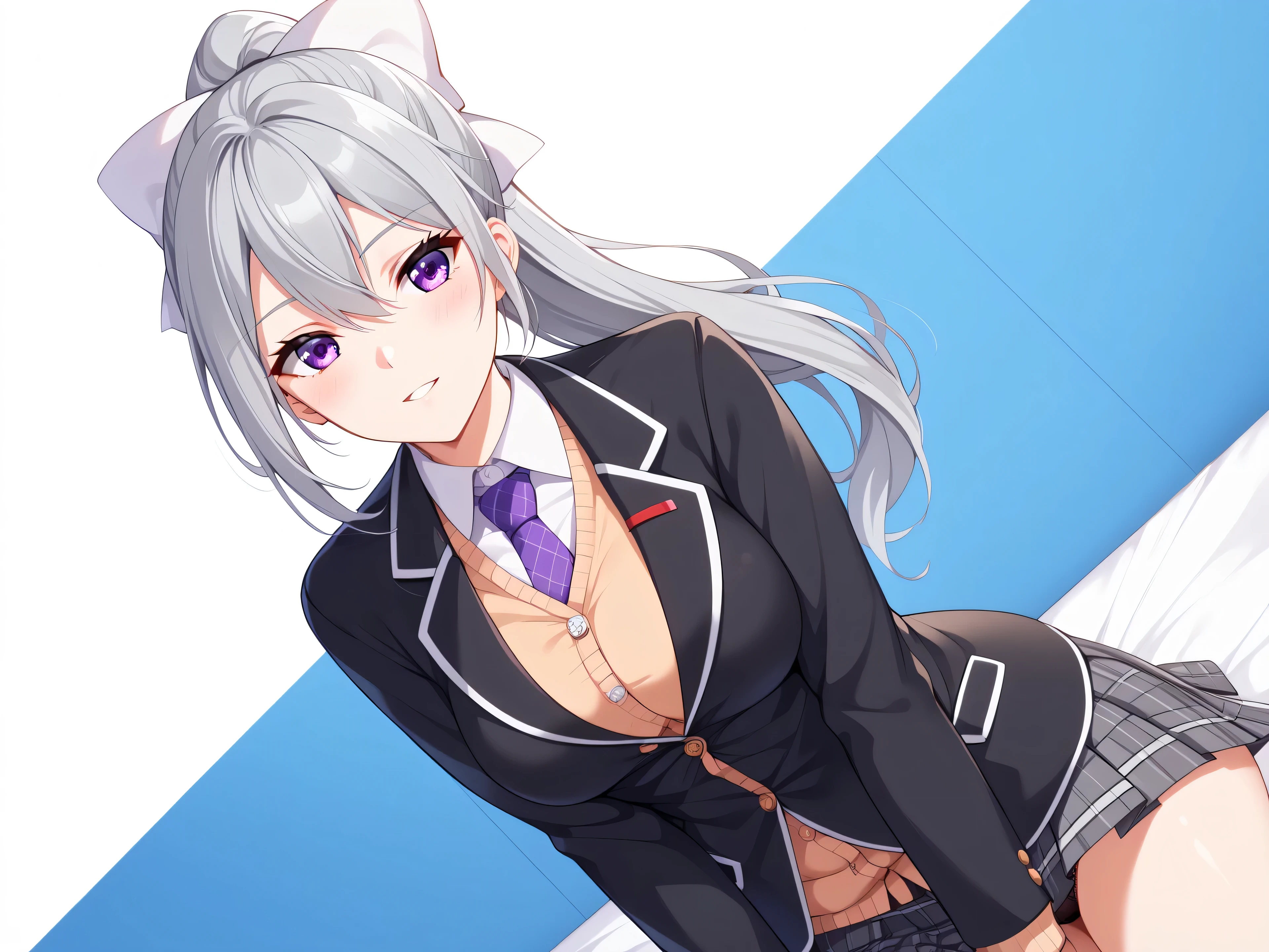 1woman,best quality,ultra-detailed,high resolution,extremely detailed CG,unity 8k wallpaper,score_9, score_8_up, score_7_up, score_6_up, score_5_up, score_4_up, rating_questionable,hk1, purple eyes, grey hair, hair between eyes, long hair, ponytail, bow, white bow、 shirt, white shirt, necktie, purple necktie, cardigan, jacket, black jacket, blazer, skirt, grey skirt, plaid skirt, nsfw、medium breasts,mature female,professional quality、bed room,masterpiece, best quality, amazing quality, highres, absurdres, very aesthetic, high resolution, ultra detailed, perfect details,black panties,look at viewer
