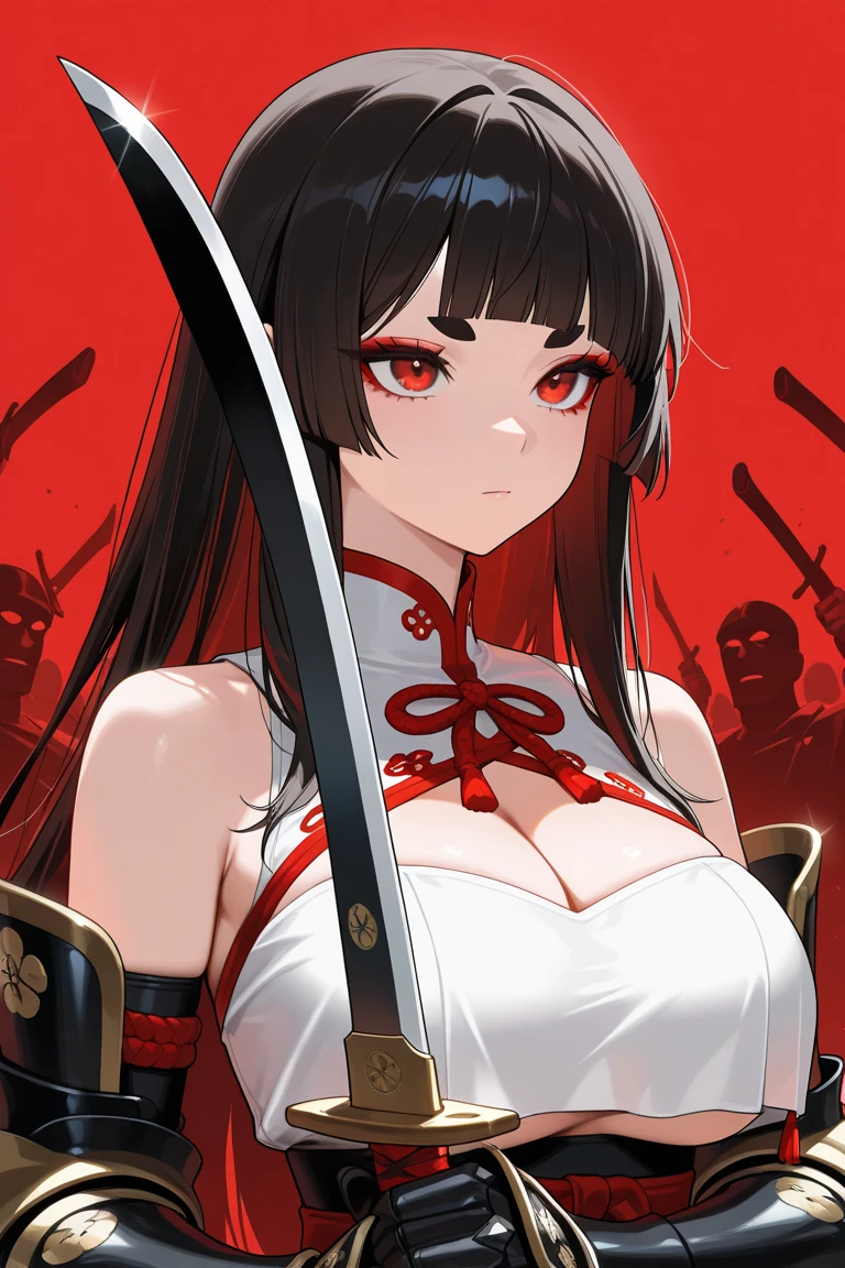 masterpiece,best quality, amazing quality, very aesthetic,newest, 1girl, breasts, weapon, solo, sword, red background, black hair, holding weapon, holding, unsheathing, large breasts, holding sword, gloves, looking at viewer, sheath, long hair, upper body, bare shoulders, black gloves, cleavage, short eyebrows, simple background, katana, blunt bangs, red eyes, closed mouth, makeup, eyeshadow, red hair, thick eyebrows, red eyeshadow, multicolored hair, breast curtains, gauntlets, red ribbon