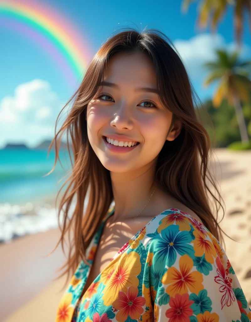 Colorful tropical flowers々Surrounded by, With the sea in the background. The girl has long, flowing hair., Beautiful fine details, and a shining smile. The scene is captured in high resolution and clarity, He captures the details of the girl's tanned skin and the vibrant colors of the flowers.. The lighting is soft and warm, Creates a dreamy and fantastical atmosphere. The overall art style is a mix of realistic and painterly.。, With vivid colors and a fantastic touch. The color palette is dominated by bright, saturated tones., Creates the atmosphere of a sunny tropical paradise. The girl's pose is confident and attractive, Her youth々Highlights your youthful energy and natural beauty. The composition is carefully balanced, The girl is slightly off-center, Draw the viewer's attention to the intricate details of a scene. This prompt is、Celebrating the beauty of both the girl and the surrounding nature、The aim is to create visually appealing and compelling masterpieces。.