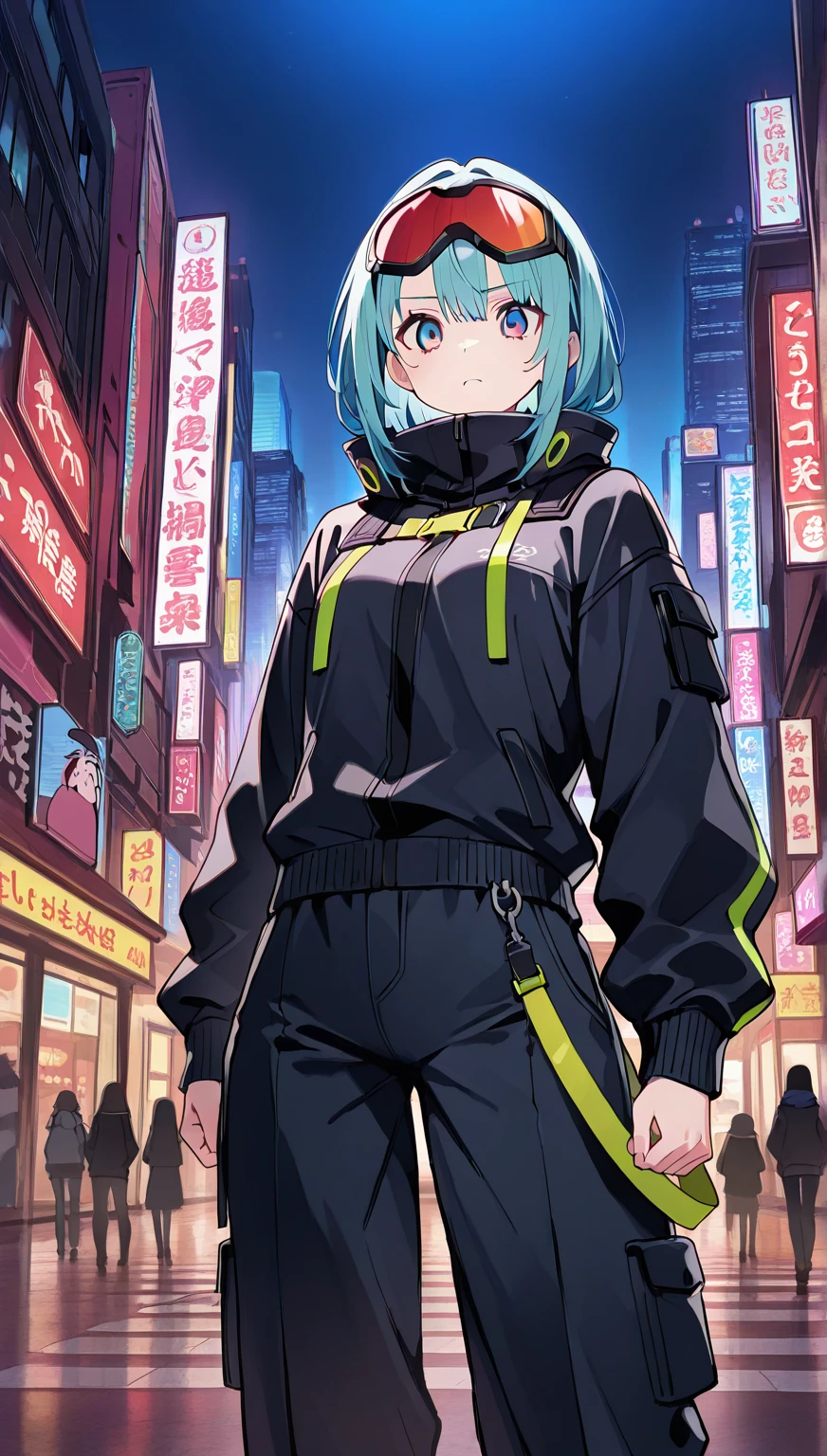 1girl, solo, teen, vtuber girl, green hair, (long hair, hair buns, straight hair), green eyes, leggings, (hoodie), white hoodie, blue scarf, metropolis, city background, scenery, beautiful colorful, close-up, people around, standing, straight posture, looking at viewer, hands on hips, masterpiece, illustration, 4k