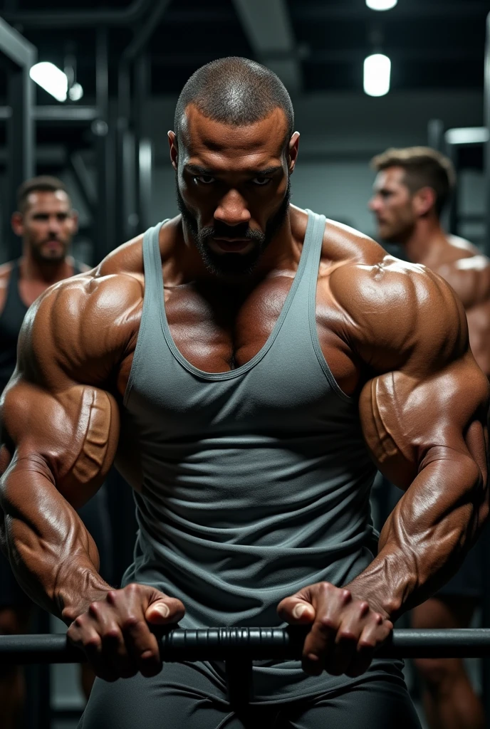 (Very detailed 8k wallpaper), Strong Asian Men, At the gym, high detailing, buzzcut, very large and strong body, bulging muscles, well-muscled, very large pectoral muscles. Very sexy abs, legs are muscular, Toned figure, lightens oily skin, muscular, Tank top, T-shirt, longshot, Wide Shot