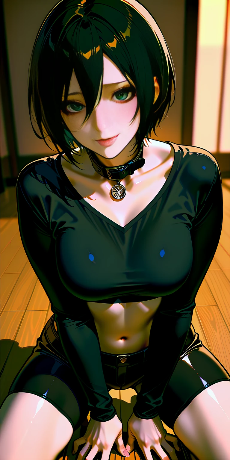 a Japanese girl, with straight hair tied up, black hair, naked, nsfw, laughing, doing an erotic pose with her hands on her breasts, perfect body, big chest, detailed curves, 8k, best quality, film lighting, detailed background