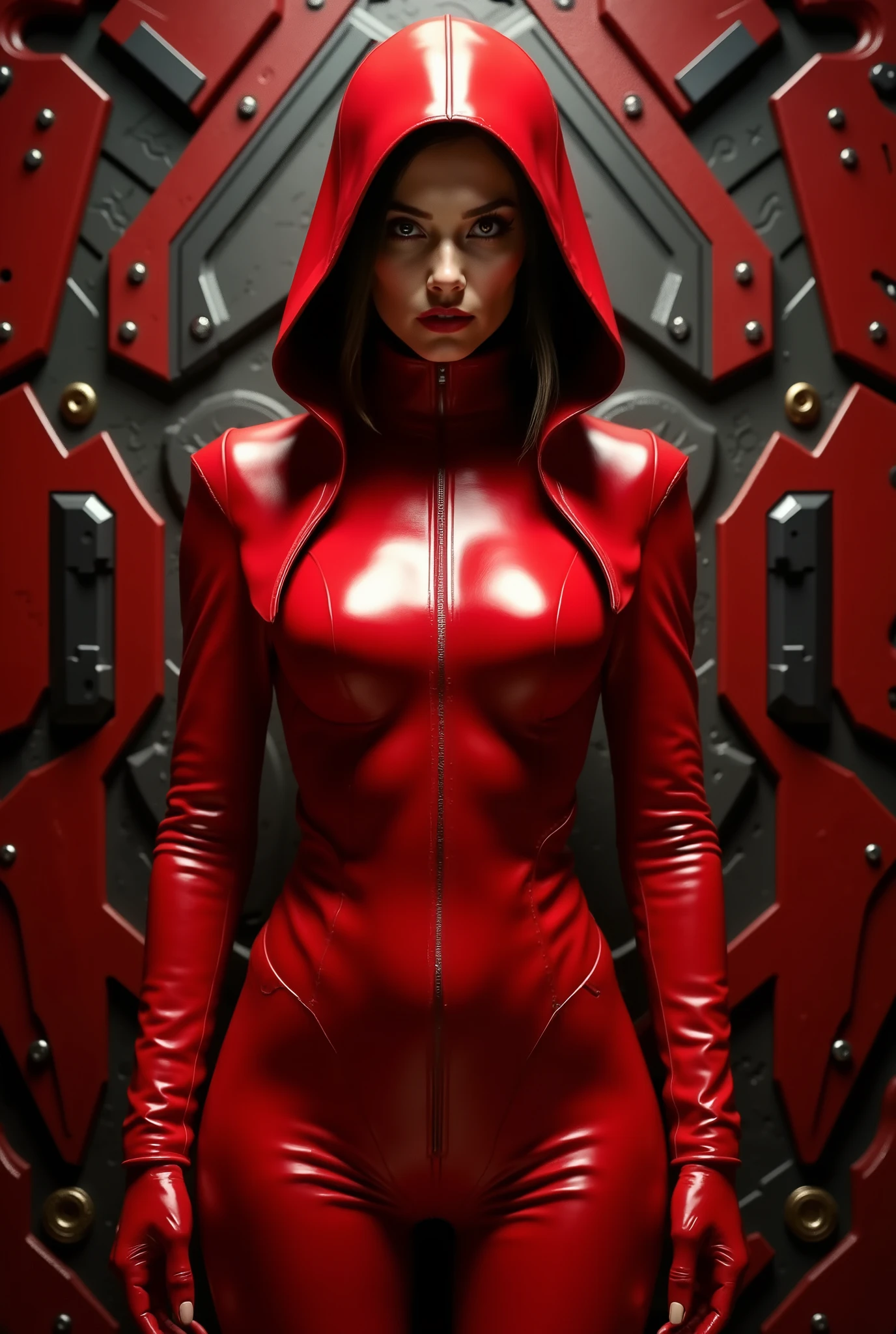 The subject is wearing a sleek, fitted red leather coat with gloves that match the coat, contributing to a futuristic and bold aesthetic. Her pose is standing, facing forward directly into the camera with hands placed confidently at her sides, projecting a powerful presence. The red leather hood is drawn up, further enhancing the striking outfit. The background consists of an intricate and somewhat mechanical design, predominantly red, adding to the mysterious and intense ambiance of the image. The lighting is dramatic, with high contrast and deep shadows that accentuate the textures and details of the attire, creating a dramatic and intense atmosphere. The photo is shot with a front view angle, capturing the intricate and complex visual impact of the scene.