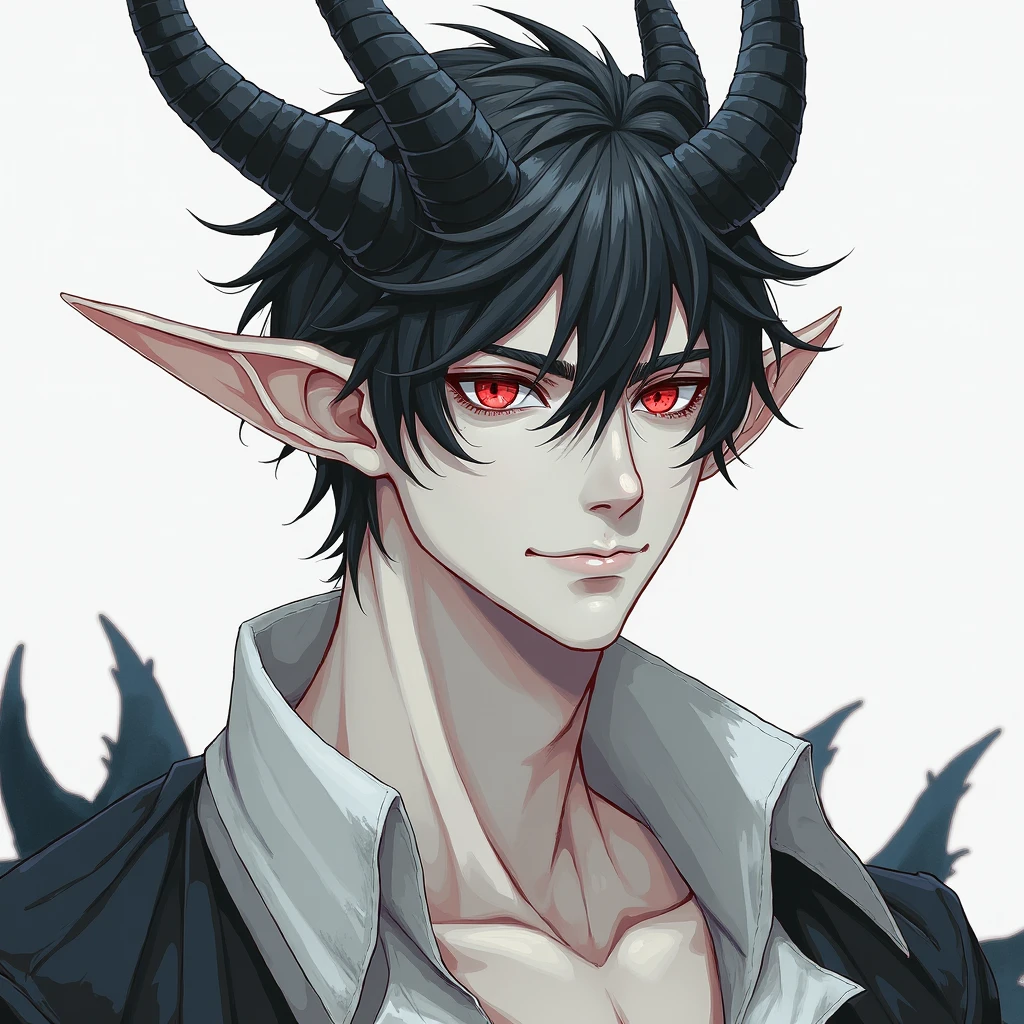 solo,handsome, monochrome,
1.male, 
Gojo Satoru,
bangs, straight hair, long hair,bobbed hair, black hair,
Red eyes, Odd Eye, Devil, Devil's Horn, Devil's Feather, 
a black coat, 
Throne, blood,Face up,
black background