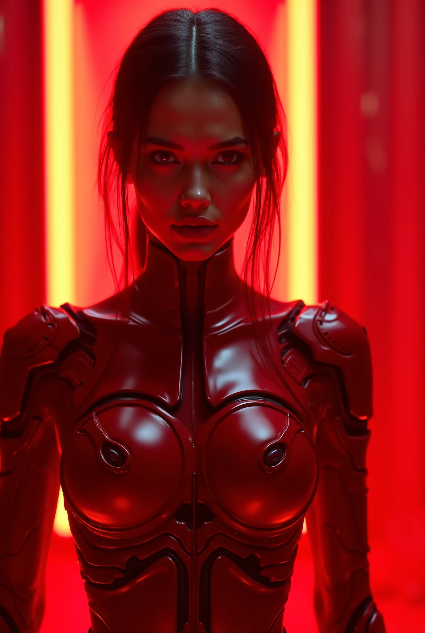 a close up of a woman in a red costume standing in front of a red light, fashionable futuristic woman, sci-fi android female, 3 d render character art 8 k, lady in red armor, scifi woman, high-tech red armor, unreal engine render + a goddess, sci fi female character, beautiful android woman, seductive cyberpunk dark fantasy, wojtek fus
