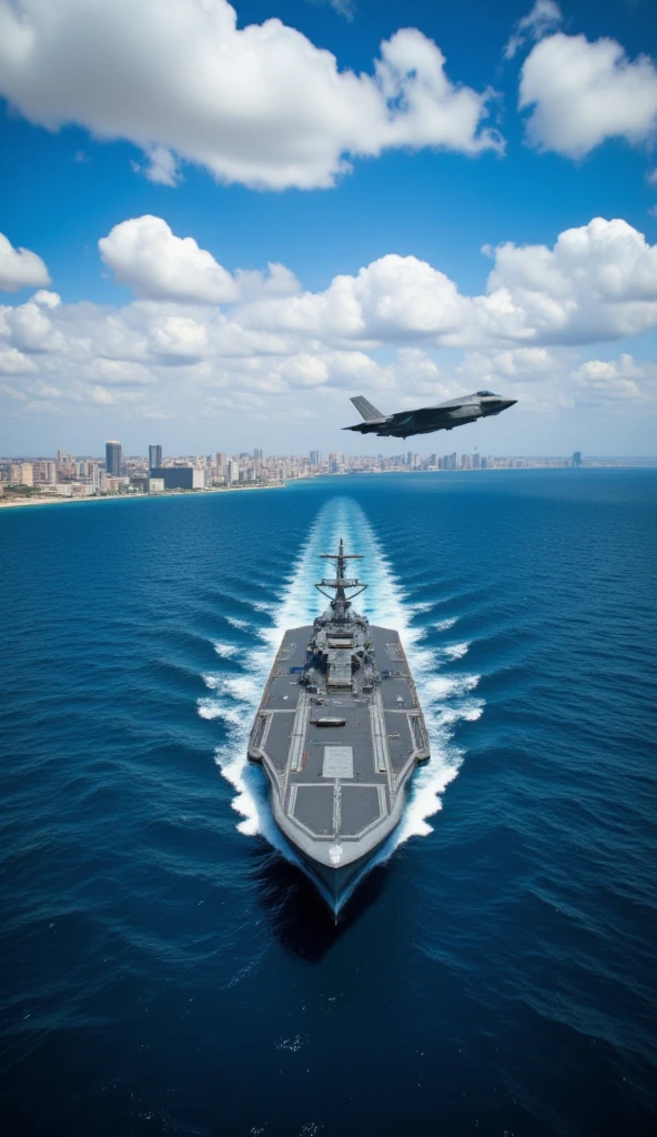 high resolution images、high-definition image of the F-35B during an escort mission for an American class amphibious assault ship、creative image、the Red Sea near Cairo in Egypt、an American class amphibious assault ship is advancing through the Red Sea passageway、the F-35B is in a surveillance flight、under a dramatic blue sky(Famous Paintings))、F-35B(1 American class amphibious assault ship)Has taken off、Slightly rough sea、Windless day、another F-35B's viewpoint。