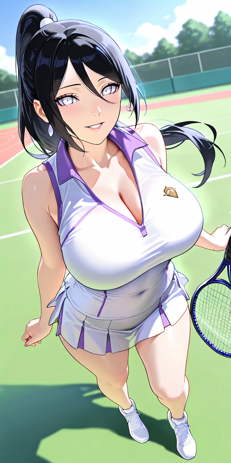 (masterpiece, best quality:1.2), violaceaess, rosaceaess, very sexy lady,Sleeveless tennis wear:1.3, (((gigantic breasts:1.3))), curvy body, beautiful face, 8k, 85mm portrait, upper body, (close up face:0.8), (tight outfit:1.6), (white tennis clothes:1.5), stylish pose, small head, cinch waist, looking at viewer, mini skirt, (arms behind back, empty handed:1.4), arch back, thin arms, thin waist, no makeup, sophisticated, facelight, clear lighting, film grain, chromatic aberration, sharp focus, shiny skin, smile, tennis field, (bokeh background:1.2), simple background, ((Navel exposed:1.3))、Soft abdominal muscles fully exposed, (1990's anime cels style),