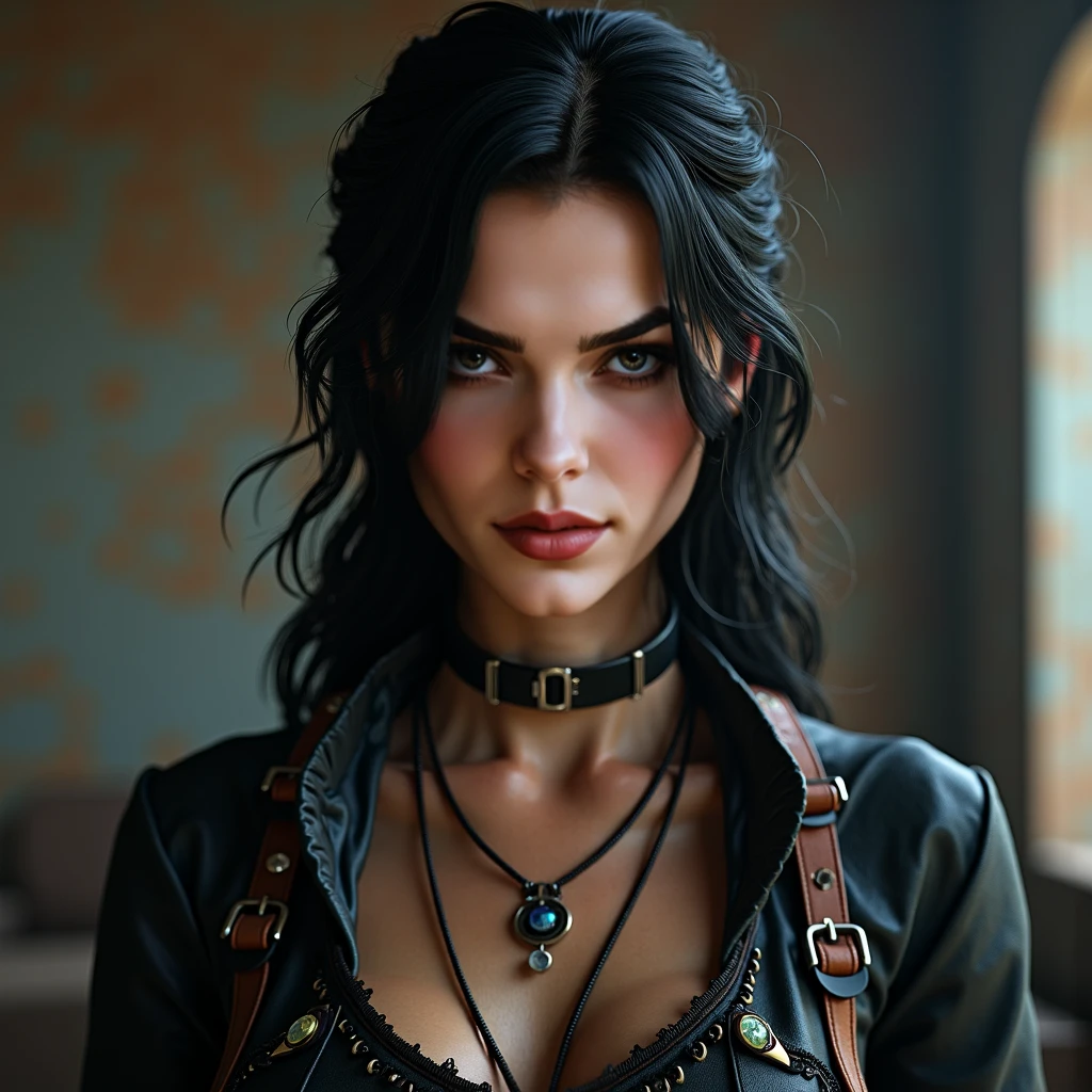 Emily Carey,prisioner collar,white distressed prisioner outfit,fantasy style,potrait