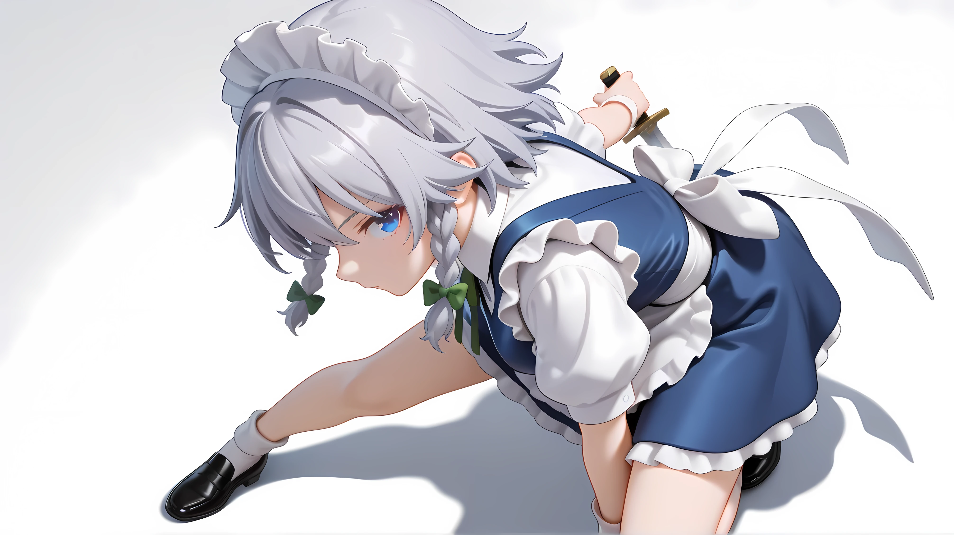 {{{cyberpunk}}},action pose out of frame,      ,very close to viewer,lean forward,{{squat}},hand on ground,{{bend down}},battle scene, [foreshortening], girl, mouth,,from above,[Dutch angle],[[white background]],izayoi sakuya, 1girl, solo, grey hair, blue eyes, short hair, side braids, twin braids, braid, breasts,
hair bow, green bow, maid headdress, wrist cuffs, waist apron, white apron, back bow, white bow, white socks, black shoes, [magic Effec-]t fire [[knife]] in hand,{{{{blue fire Effect line out of frame}}}},skirt,breasts,corset,close-up,profile, best quality, amazing quality, very aesthetic, absurdres