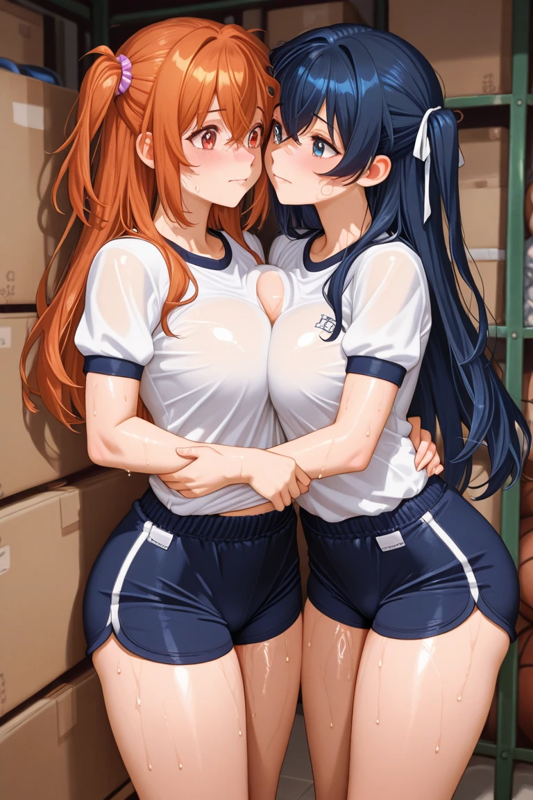 score_9, score_8_up, score_7_up, score_6_up, score_5_up, score_4_up, (source_anime), 2girls, neon genesis evangellion, ( asuka langley soryu, girl, ager, small breasts, {sucking breasts}), ( katsuragi misato, big breasts, Tall stature), yuri, Messy apartment, beer cans, age difference, size difference, breast sucking, tongue, far, full body