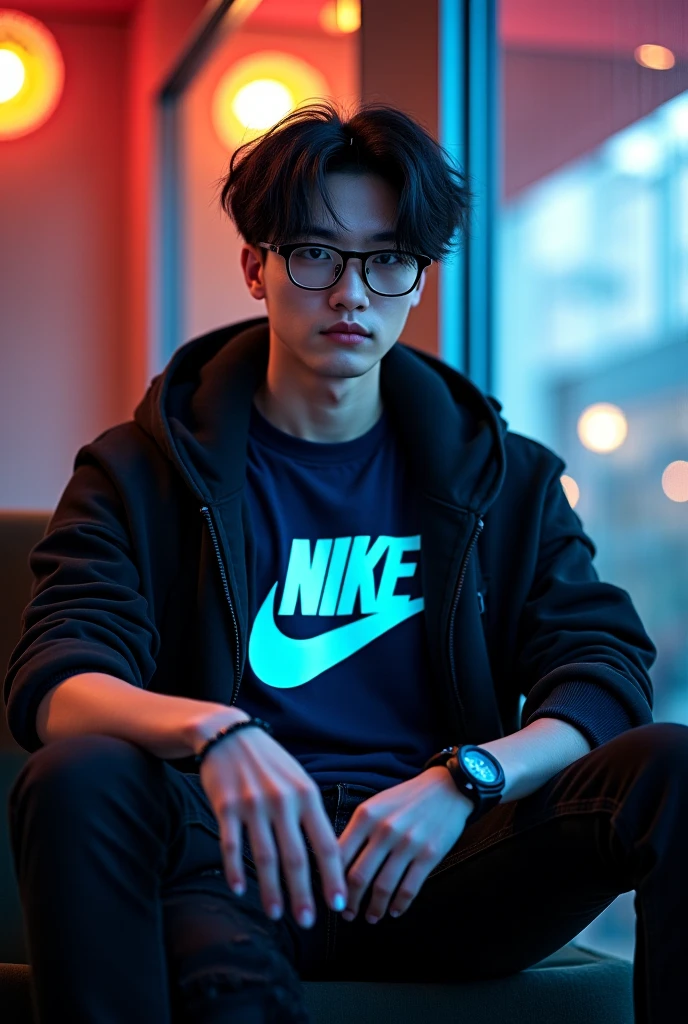 yohino, playing games, sitting on a chair, glasses, hoodie