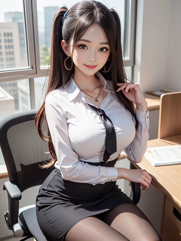 (Best quality, masterpiece, detailed), (RAW, 4k, hd images), 1 girl, 17 years old, white skin, long hair, ponytail, layers hair, bangs, black hair, beautiful girl, cute girl, sweet girl, pretty girl, perfect girl, perfect body, pretty eyes, blue eyes, thin lips, (eye line, lip soft), perfect round breast, glasses(detailed frame), simple background, smile, thigh, legs, office uniforms, modeling pose, free style pose, random angle capture, sexy, sensual, hot