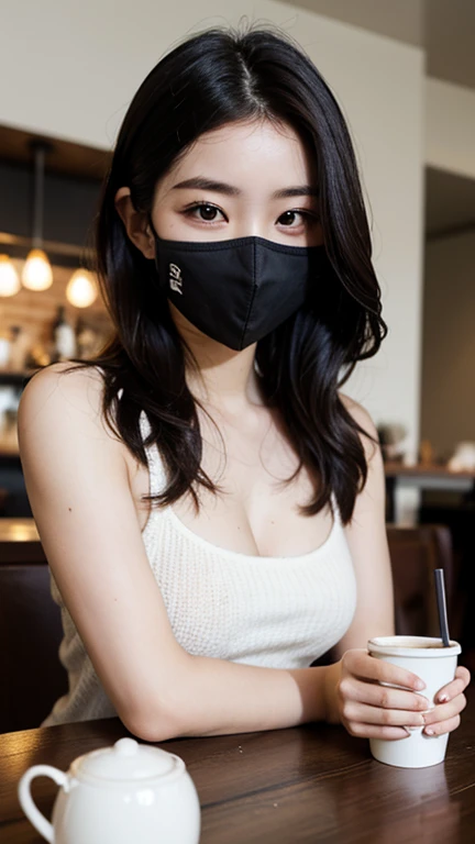 a girl with brown bunches hair, 25 years old,wear black mask,lace wear(jacket outside),wine wear,hands up,sitting on a chair at restaurant with background Eiffel Tower,beautiful high detail face,heaving breast,stocking,hug tit,fat hips,maximum detailed,cleavage,vintage image,good body,dramatic light from sunset,sharp eyes,8k,masterpiece,professional,high resolution,ultra realistic photo,looking at viewer