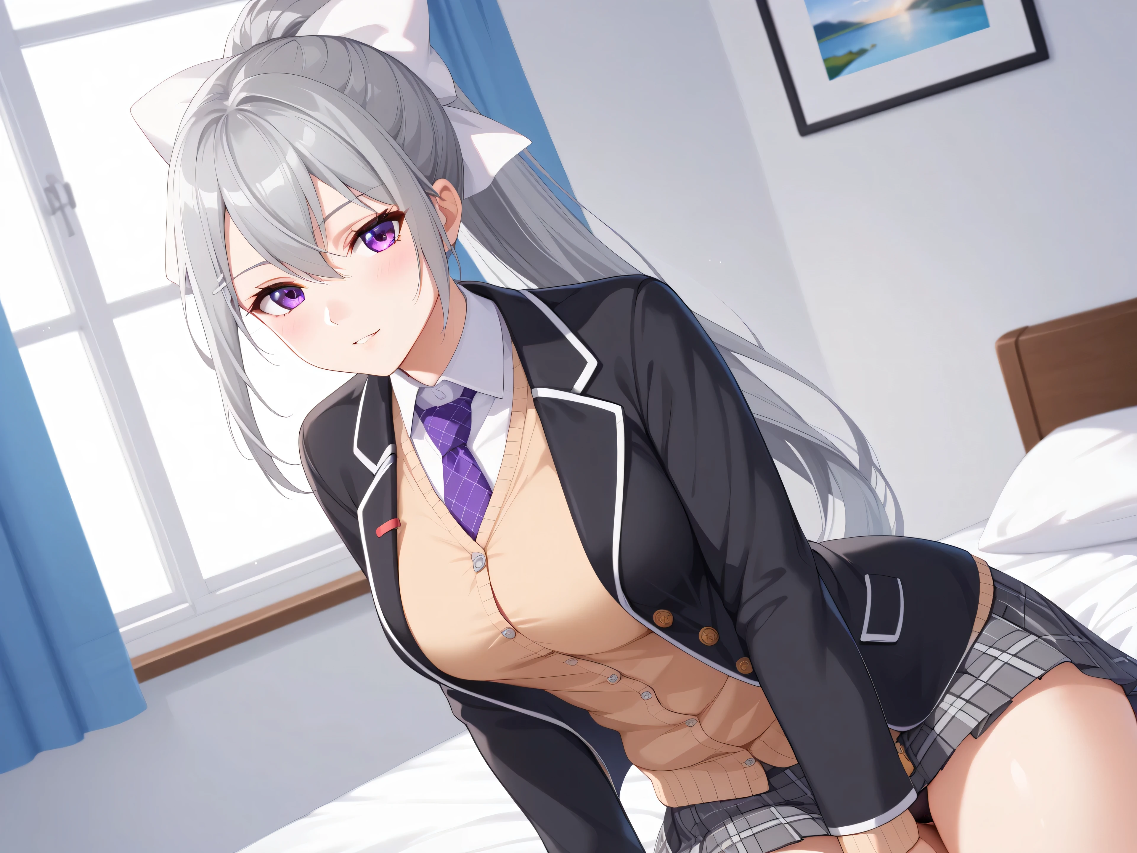 1woman,best quality,ultra-detailed,high resolution,extremely detailed CG,unity 8k wallpaper,score_9, score_8_up, score_7_up, score_6_up, score_5_up, score_4_up, rating_questionable,hk1, purple eyes, grey hair, hair between eyes, long hair, ponytail, bow, white bow、 shirt, white shirt, necktie, purple necktie, cardigan, jacket, black jacket, blazer, skirt, grey skirt, plaid skirt, nsfw、medium breasts,mature female,professional quality、bed room,masterpiece, best quality, amazing quality, highres, absurdres, very aesthetic, high resolution, ultra detailed, perfect details,black panties,look at viewer