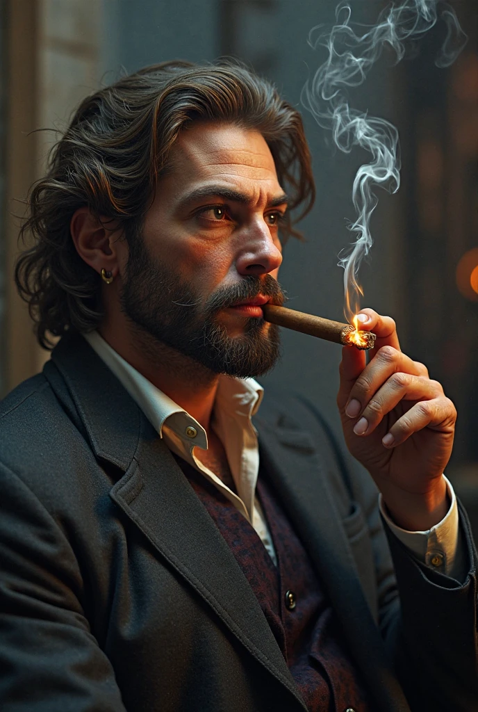 "Create a photorealistic 8K portrait of Daniel Radcliffe  as woolverine with a muscular physique. He should be captured in a cinematic close-up shot, exuding intensity and seriousness. Daniel Radcliffe's face, having woolverine clawsshould feature a stylized, photorealistic version of Wolverine's facial hair. He should also have Wolverine claws extended from his knuckles. In this close-up shot, he's smoking a cigar, with dramatic cinematic lighting that enhances the mood and intensity of the scene. The focus should be on his intense expression and the smoke billowing around him, creating a captivating and powerful portrait."