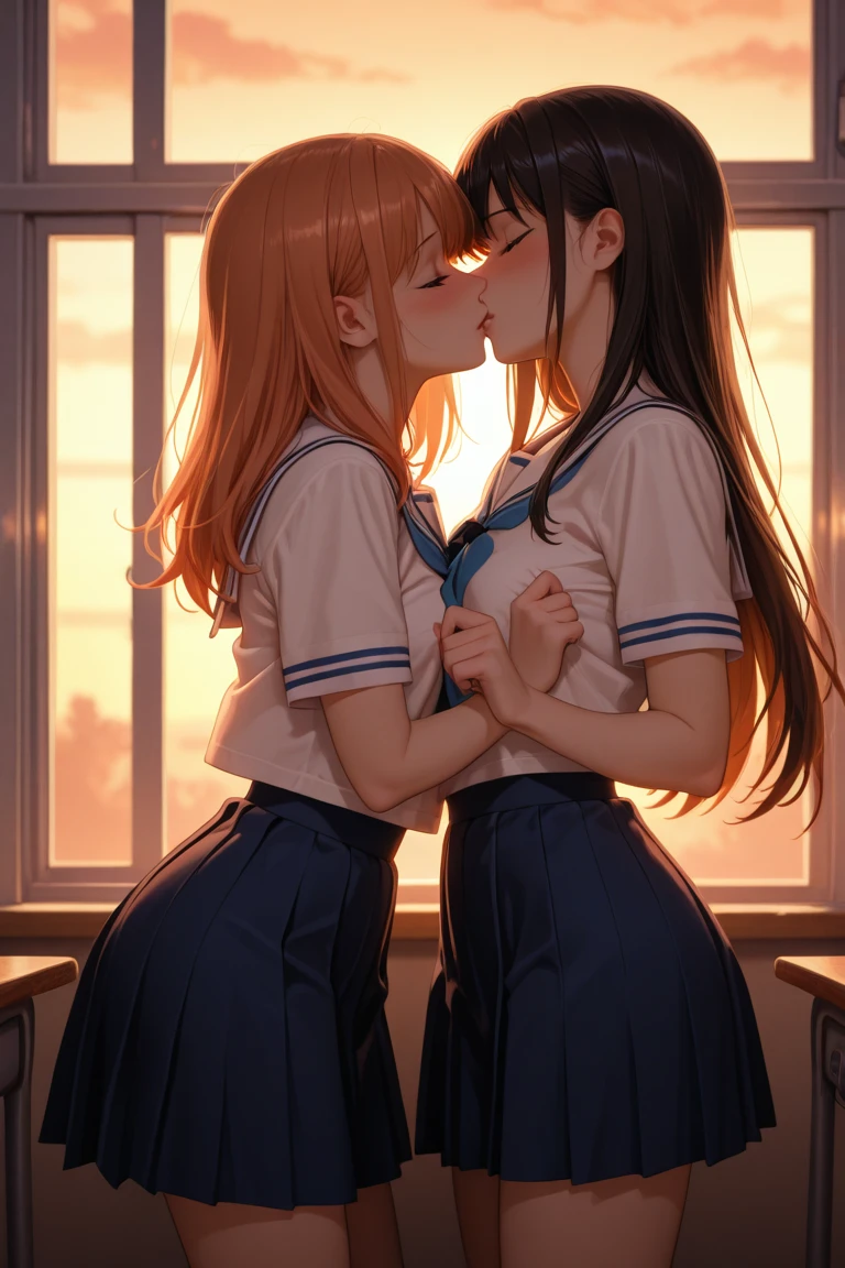 masterpiece, best quality, nsfw,
2girl, kiss,
summer , plaid skirt, orange hair, ponytail, embarrassed face,
classroom, sunset,
