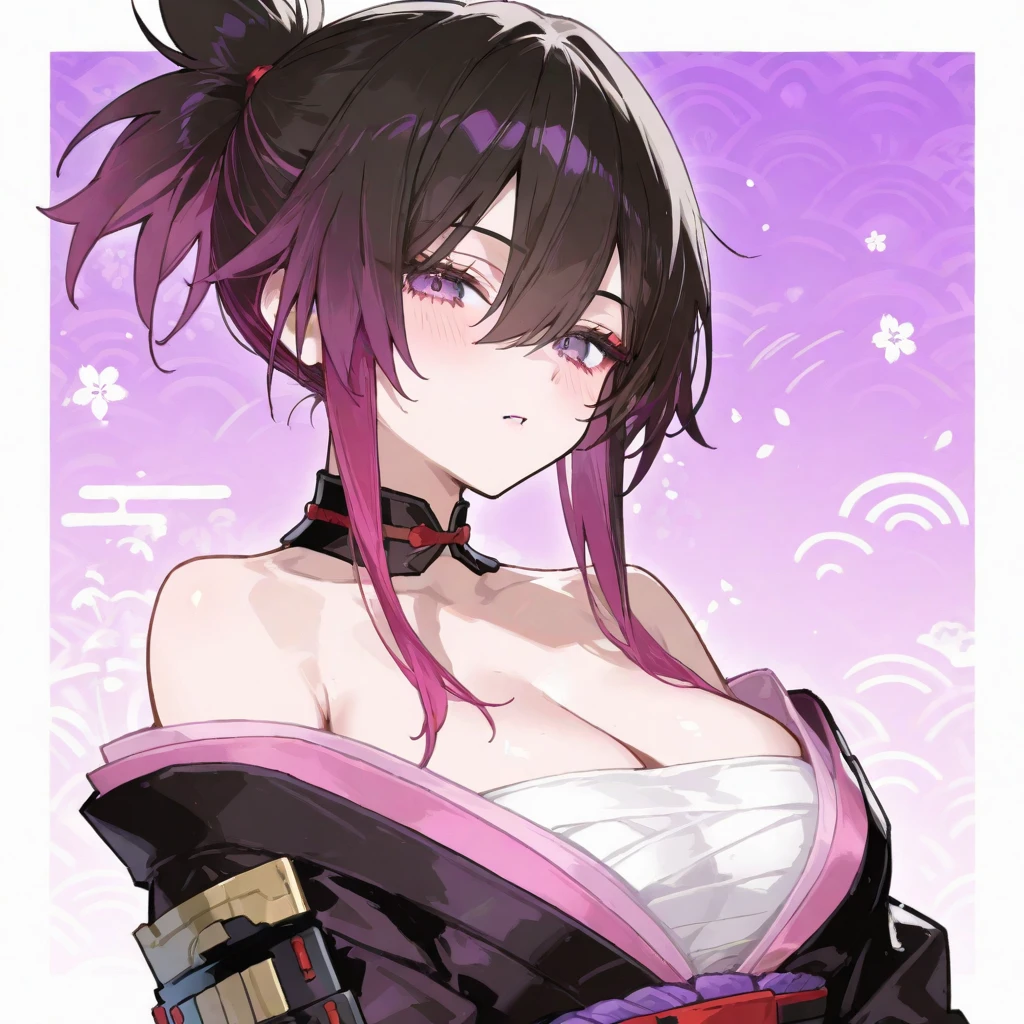 1 woman, High ponytail hair, pale skin, red eyes, exposed belly, purple clothes, with smile, movie